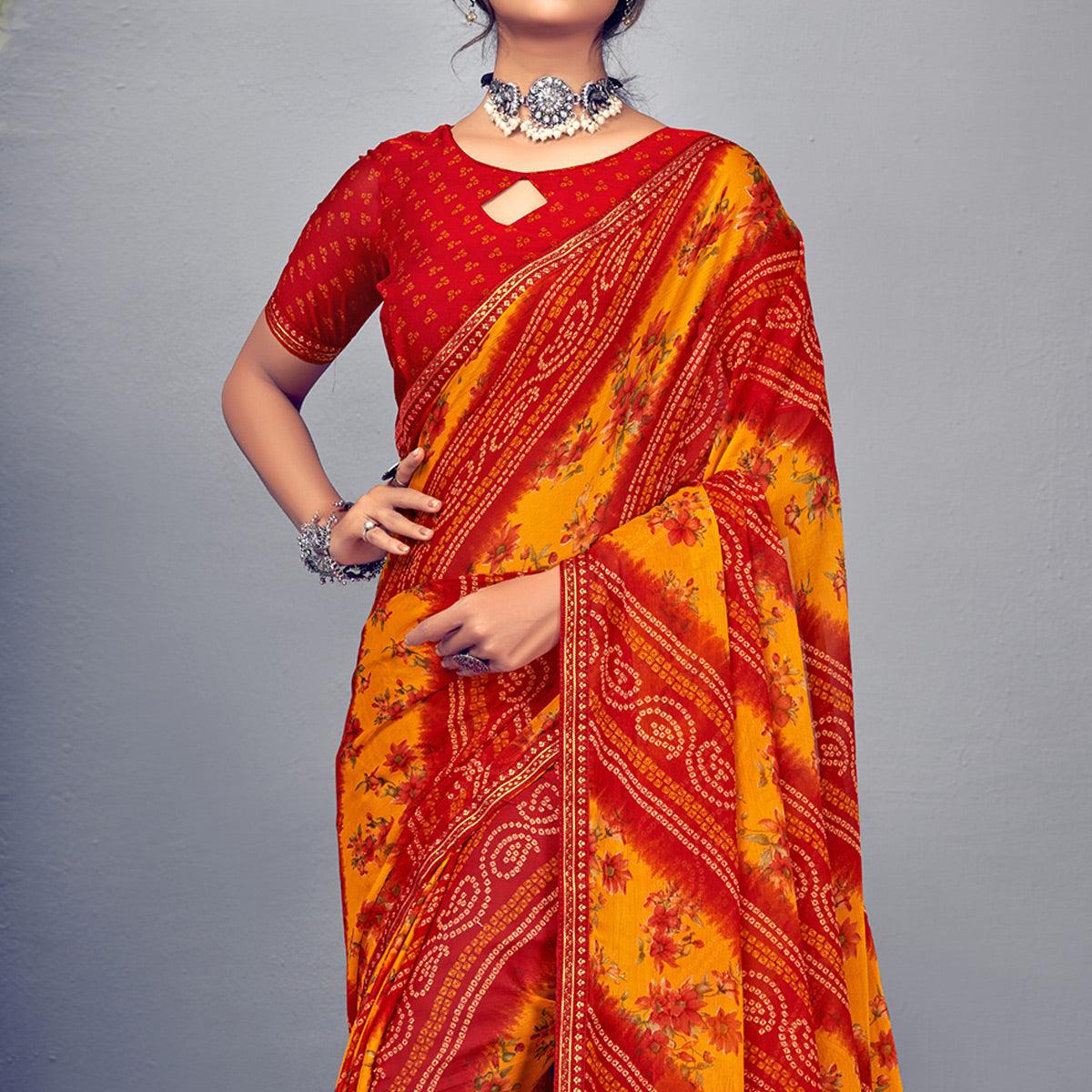 Red & Mustard Yellow Bandhani Printed Chiffon Saree With Tassels - Peachmode