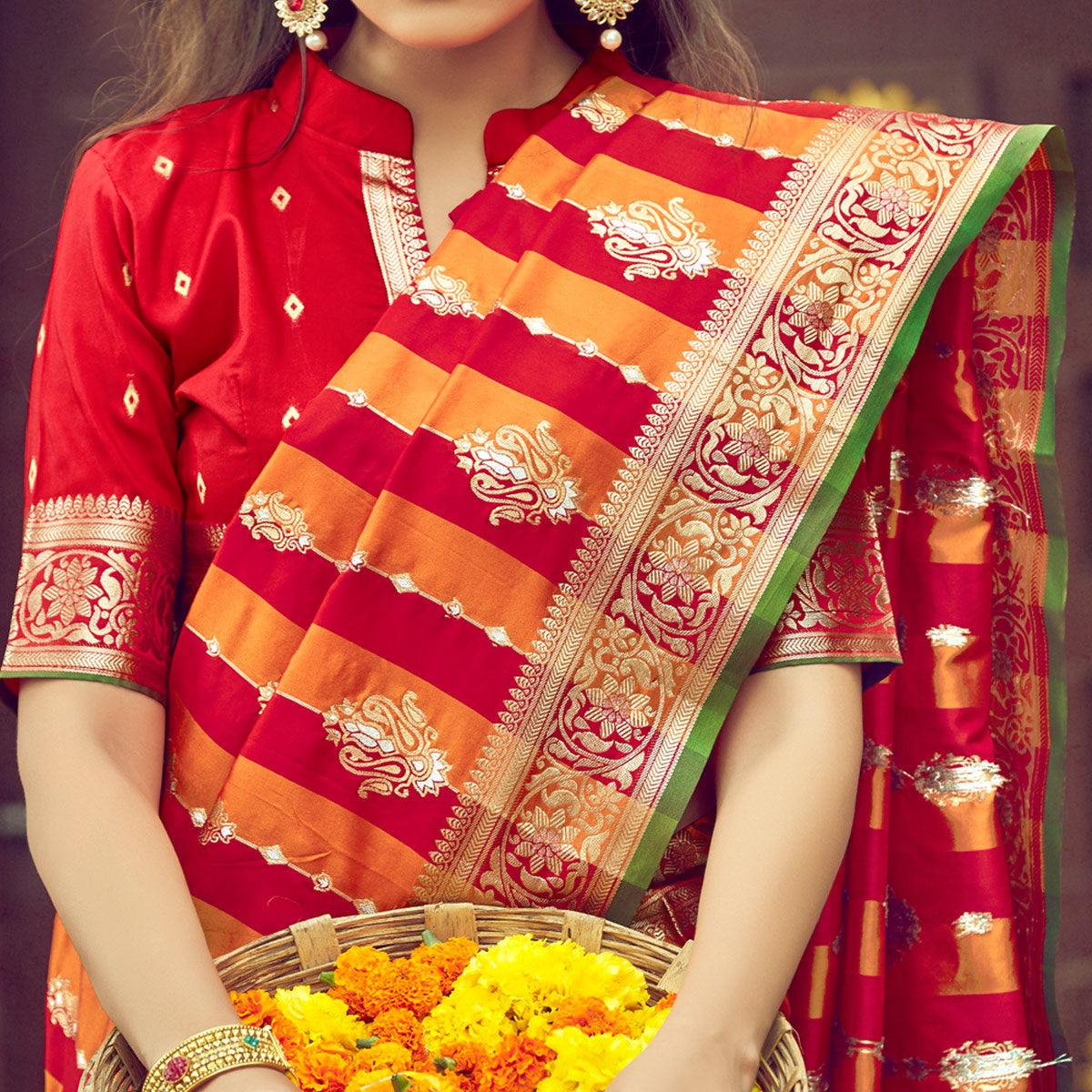 Red & Orange Festive Wear Woven Handloom Silk Saree - Peachmode