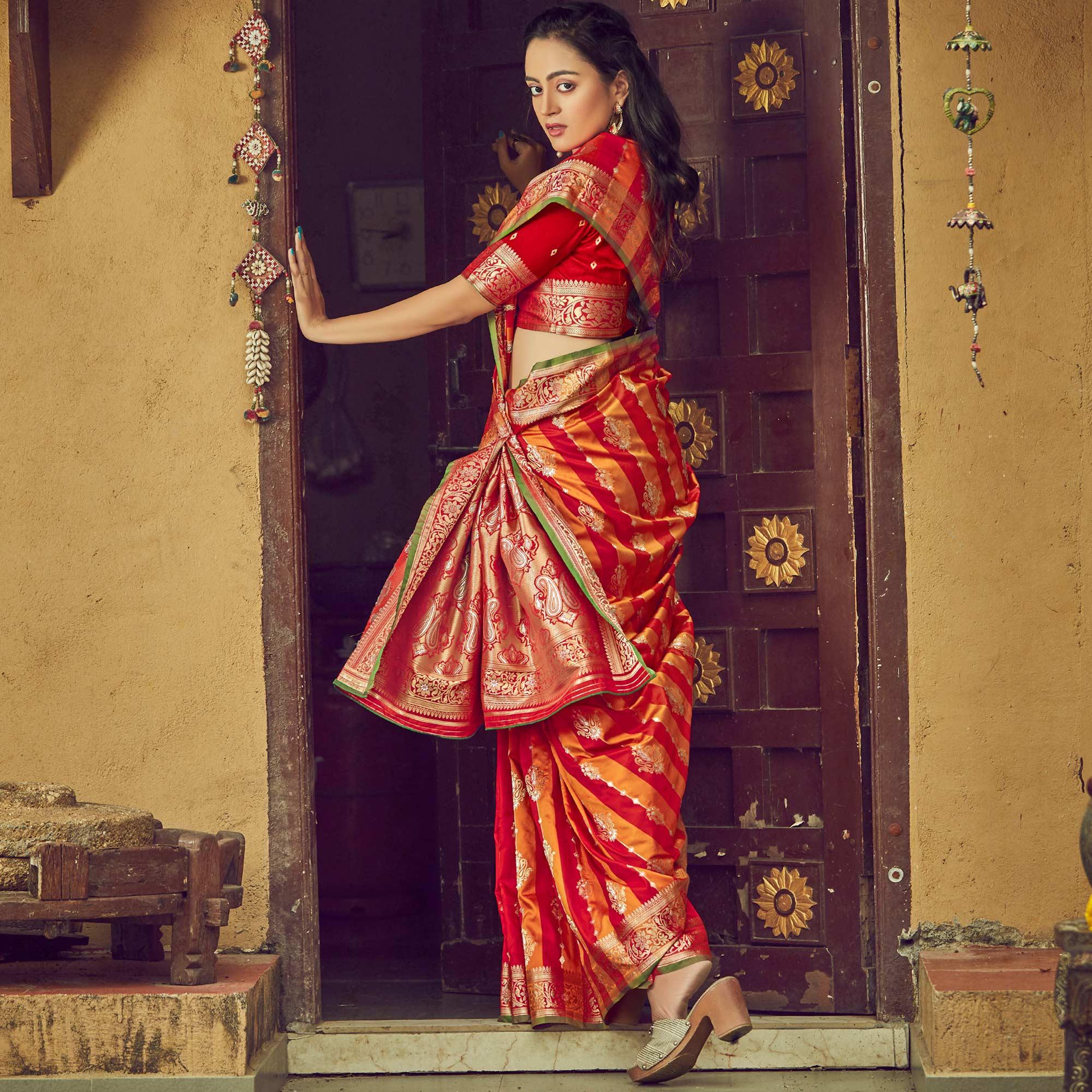 Red & Orange Festive Wear Woven Handloom Silk Saree - Peachmode