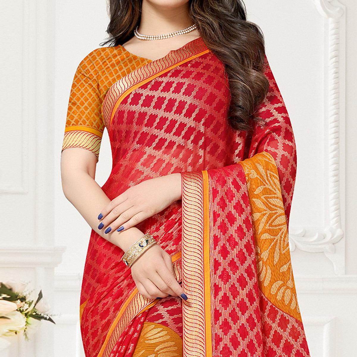 Red & Yellow Festive Wear Checks Printed Chiffon Brasso Saree - Peachmode