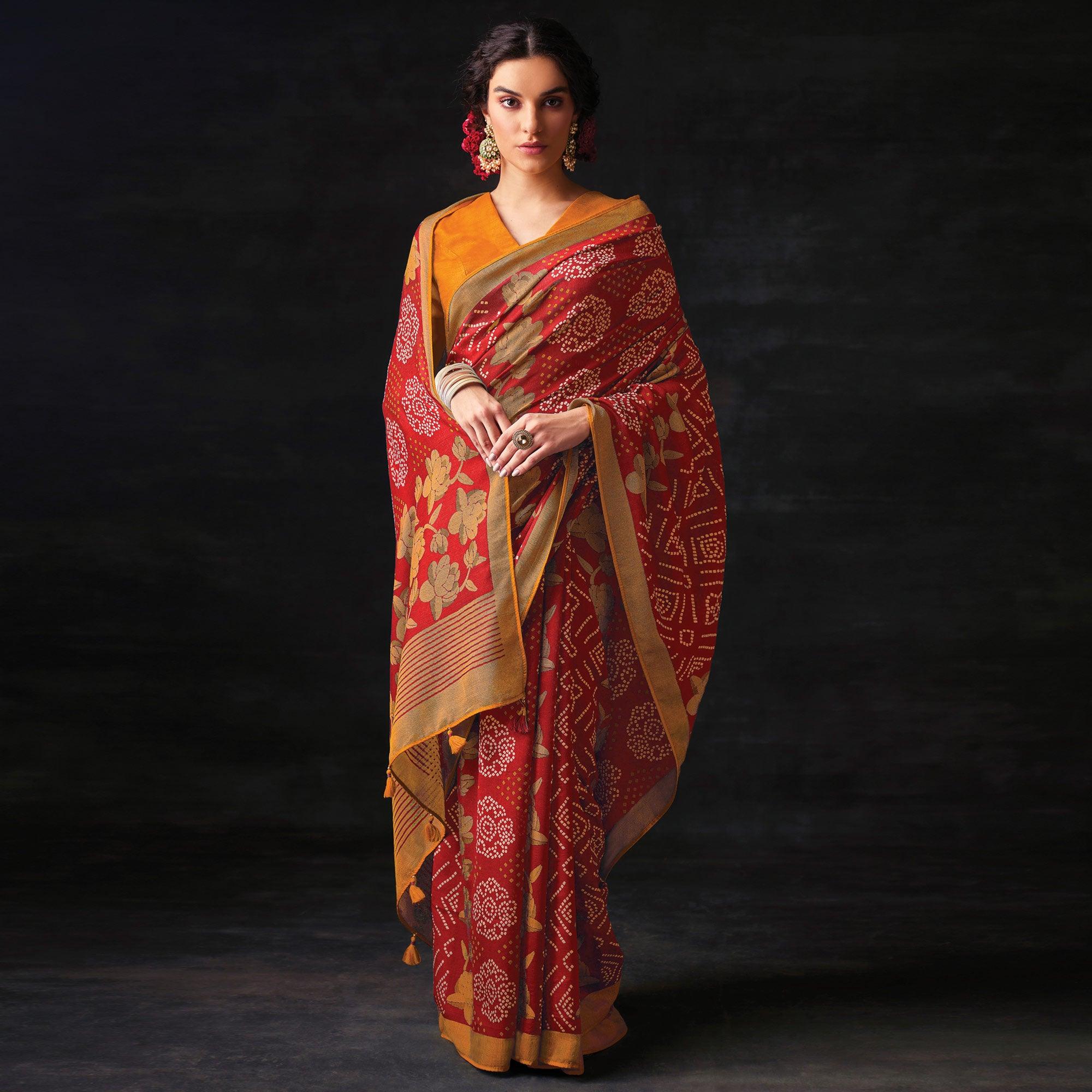Red Bandhani Printed Brasso Saree - Peachmode