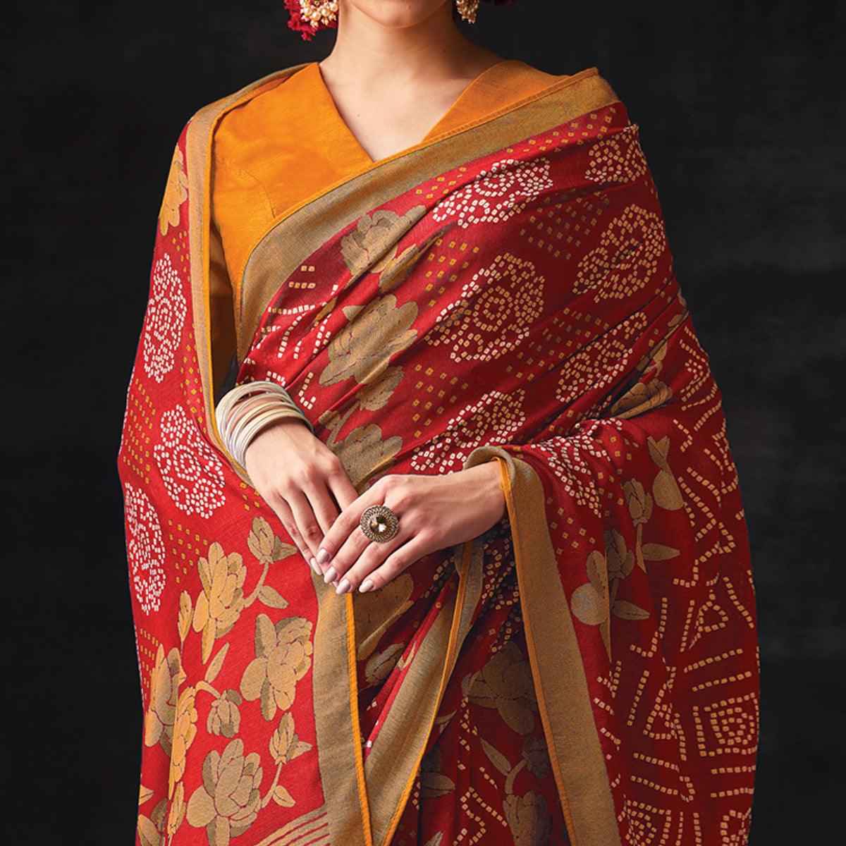 Red Bandhani Printed Brasso Saree - Peachmode