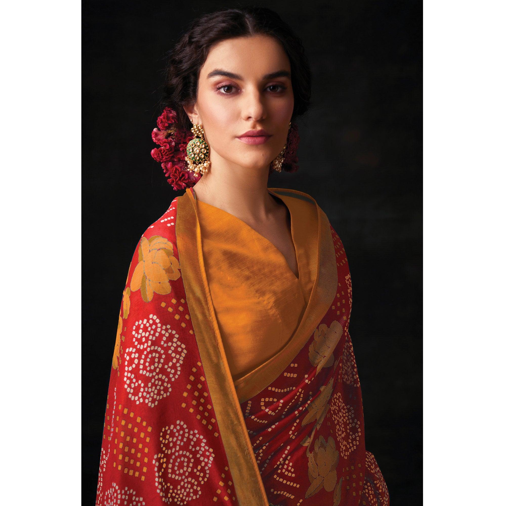 Red Bandhani Printed Brasso Saree - Peachmode