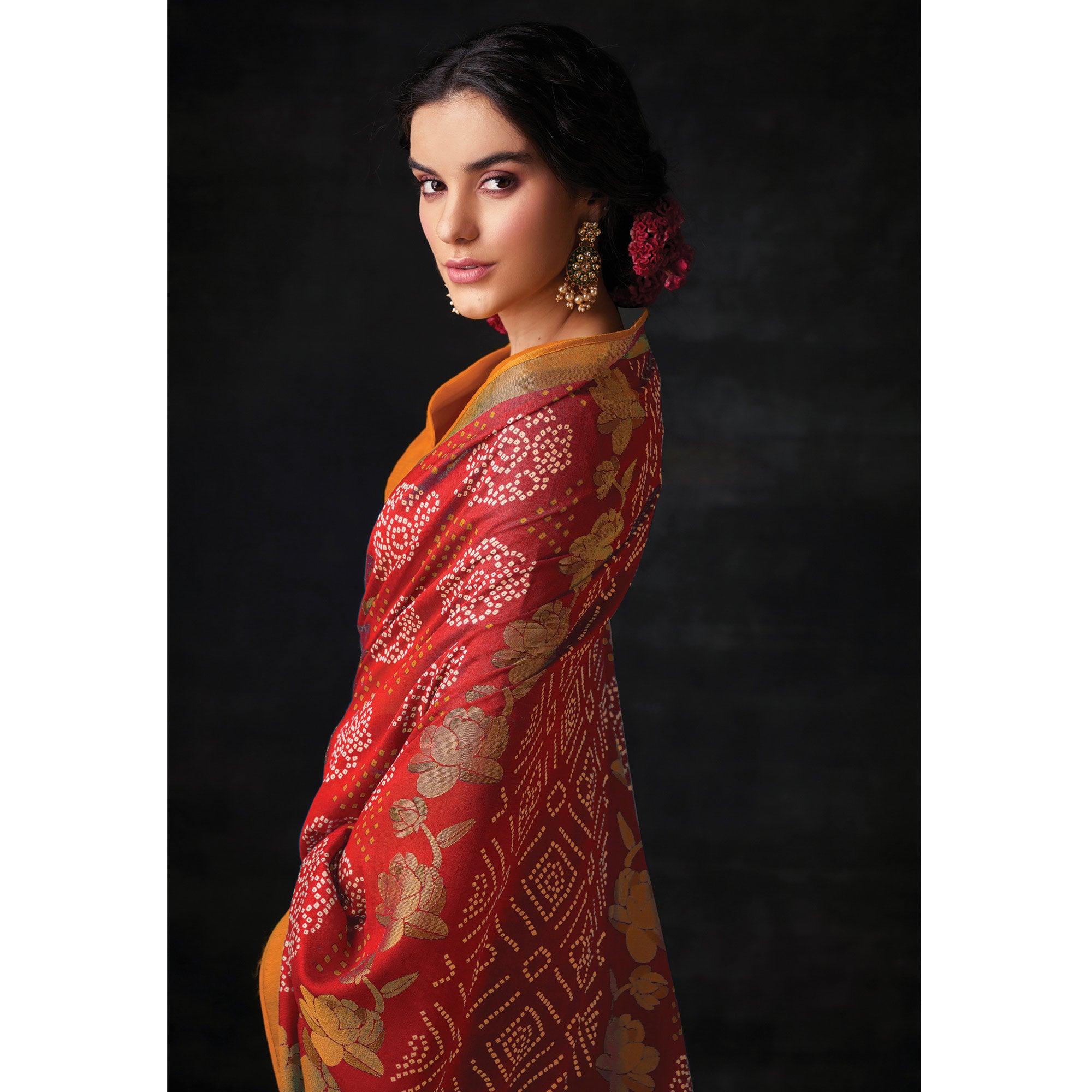 Red Bandhani Printed Brasso Saree - Peachmode