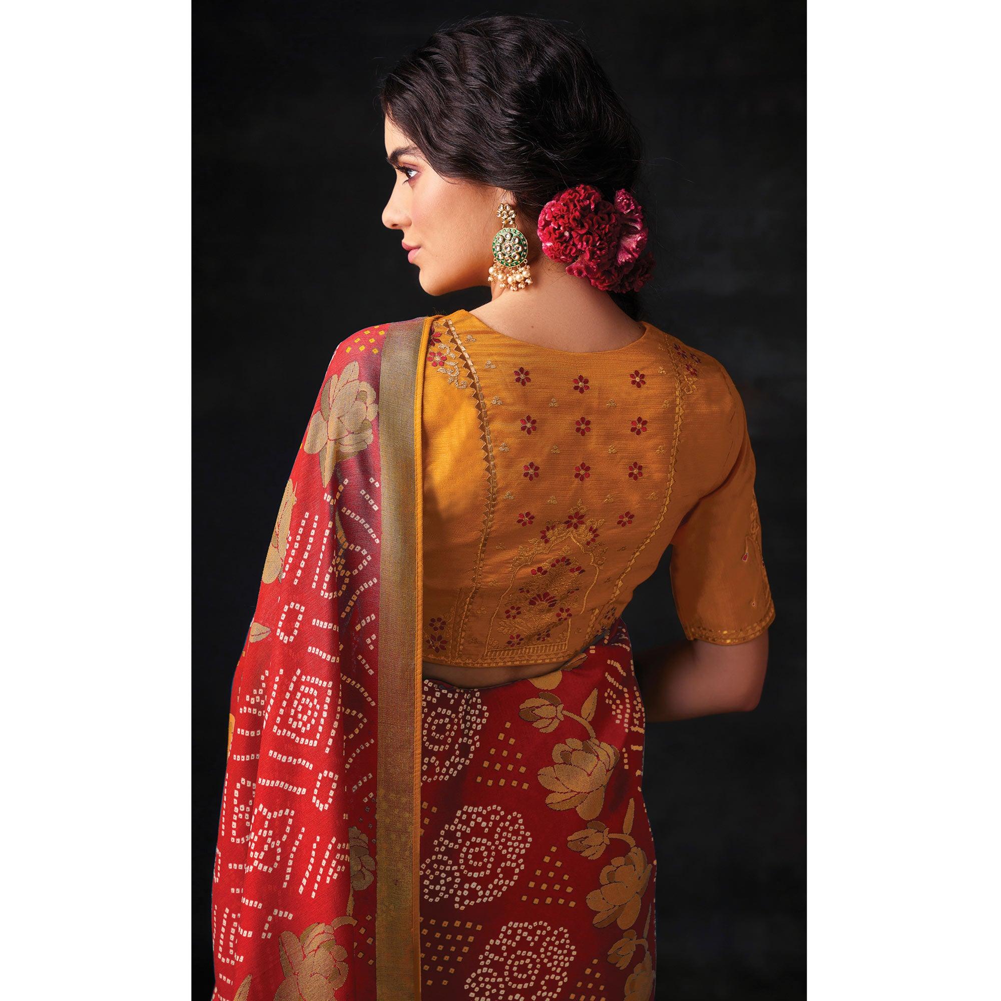 Red Bandhani Printed Brasso Saree - Peachmode
