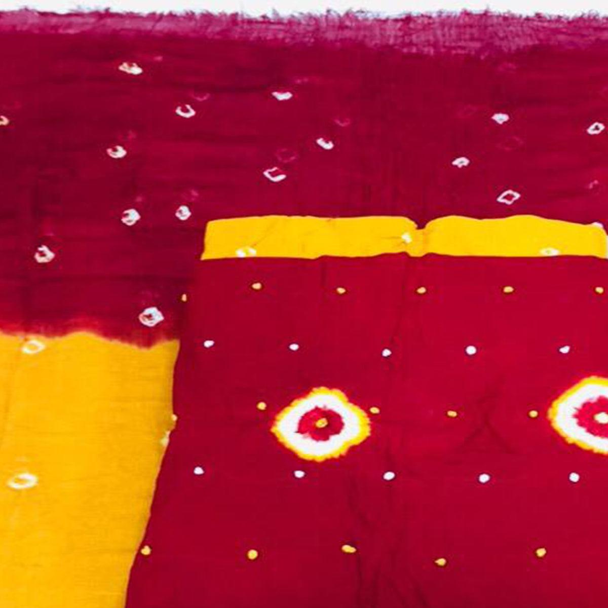 Red Bandhani Printed Cotton Blend Dress Material - Peachmode