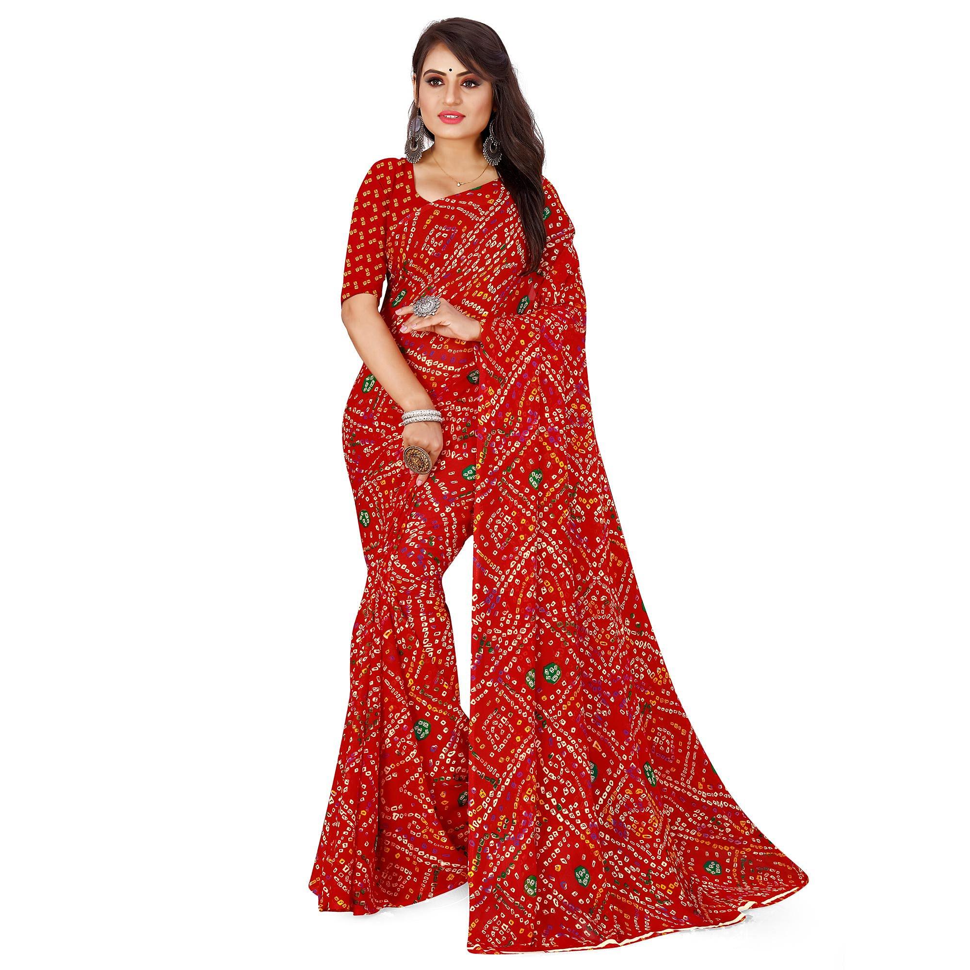 Red Bandhani Printed Georgette Saree - Peachmode