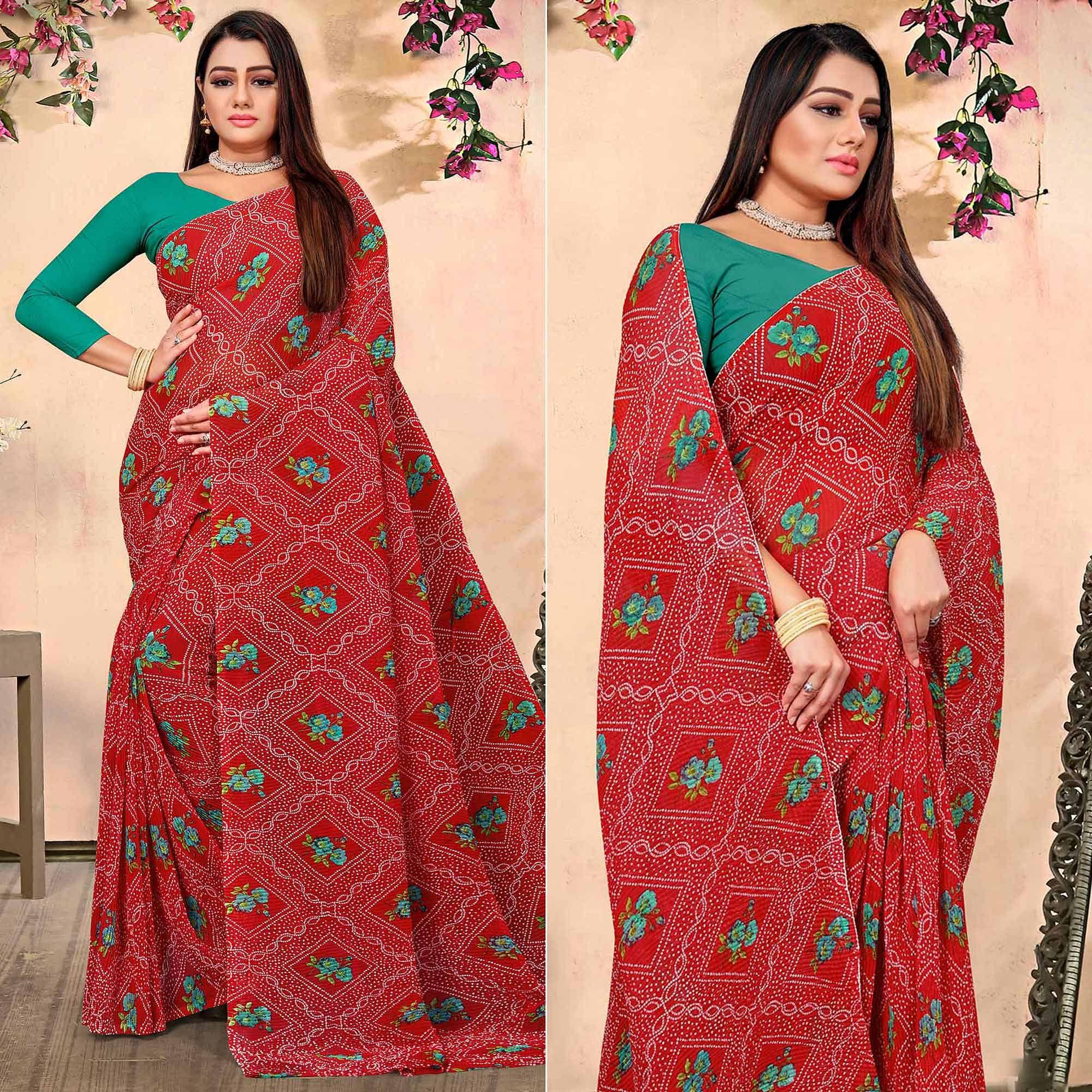 Red Bandhani Printed Georgette Saree - Peachmode