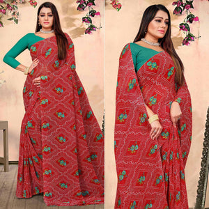 Red Bandhani Printed Georgette Saree - Peachmode