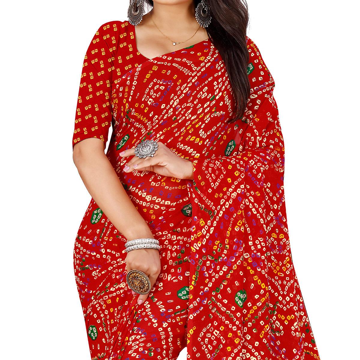 Red Bandhani Printed Georgette Saree - Peachmode