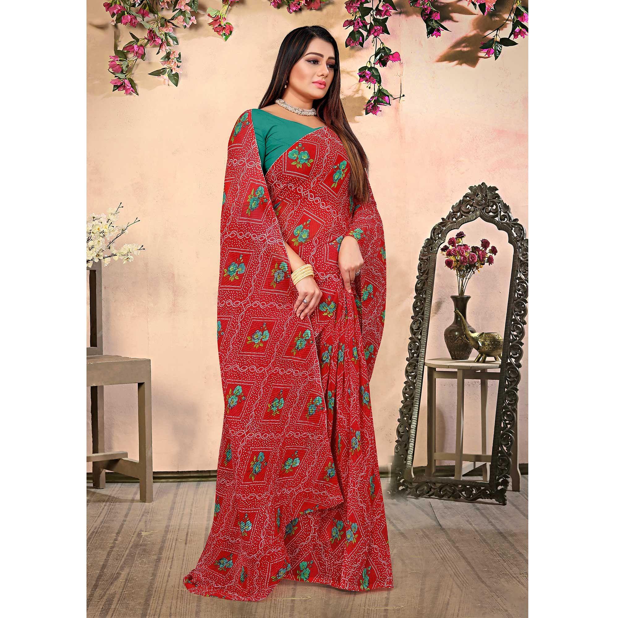Red Bandhani Printed Georgette Saree - Peachmode
