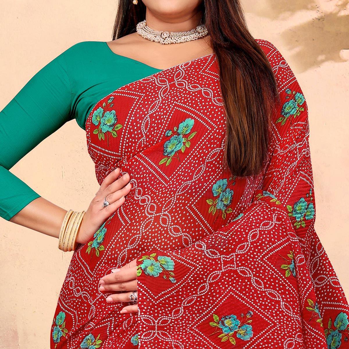 Red Bandhani Printed Georgette Saree - Peachmode