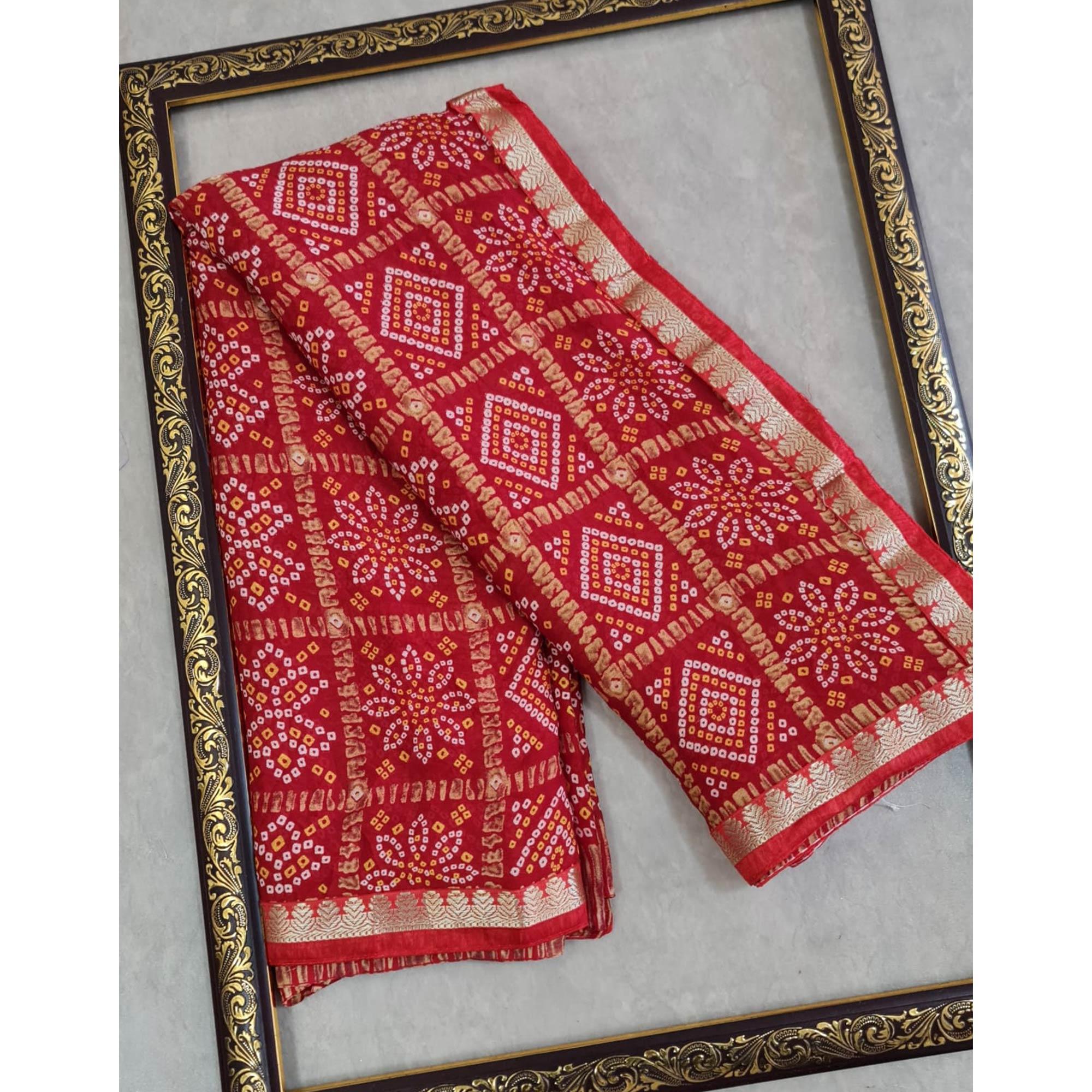 Red Bandhani Printed Georgette Saree - Peachmode
