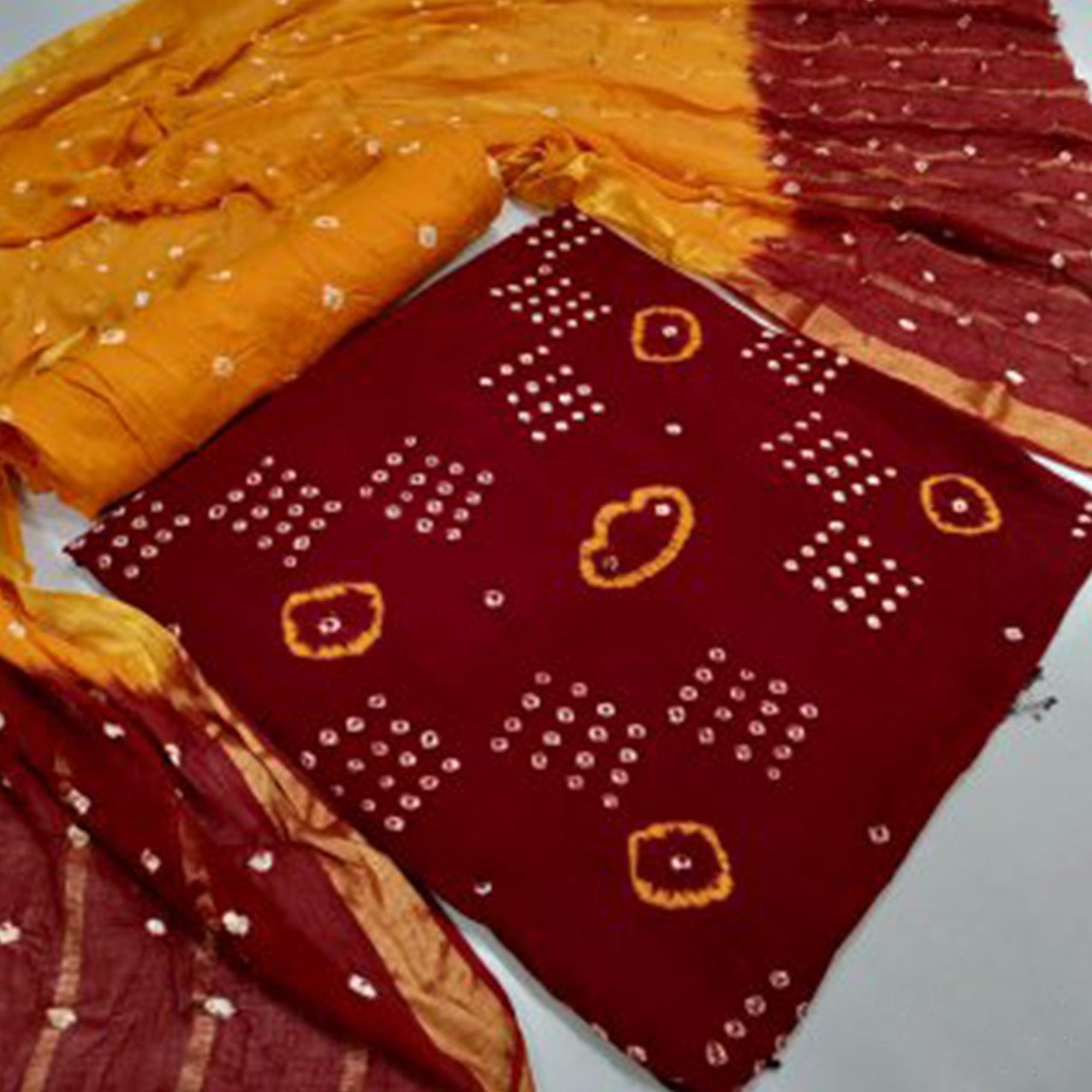Red Bandhani Printed Pure Cotton Dress Material - Peachmode