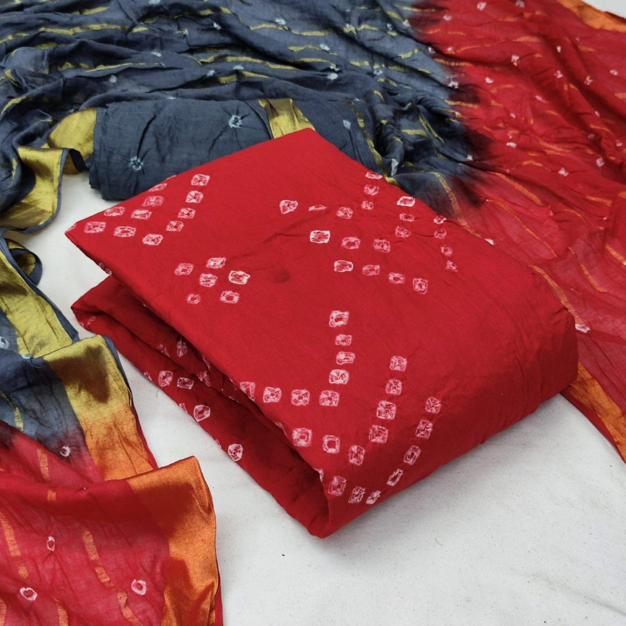 Red Bandhani Printed Pure Cotton Dress Material - Peachmode
