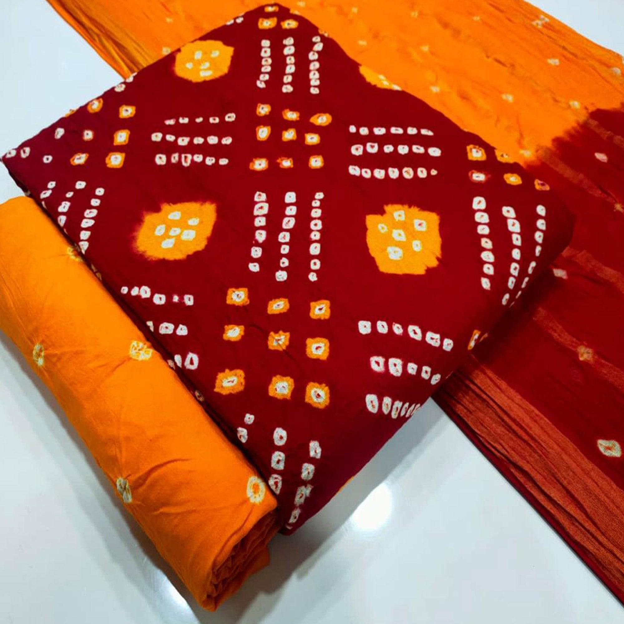 Red Bandhani Printed Pure Cotton Dress Material - Peachmode