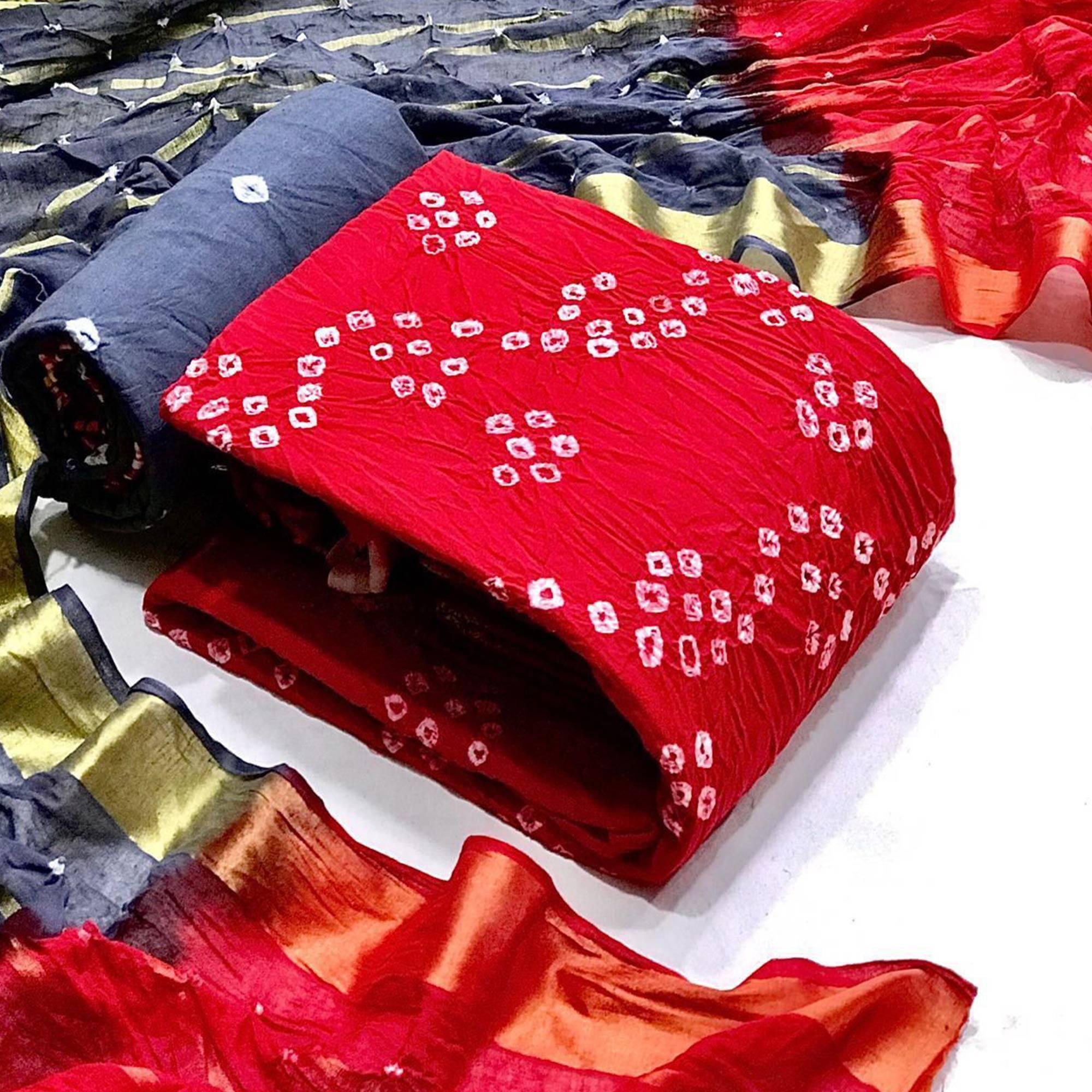 Red Bandhani Printed Pure Cotton Dress Material - Peachmode