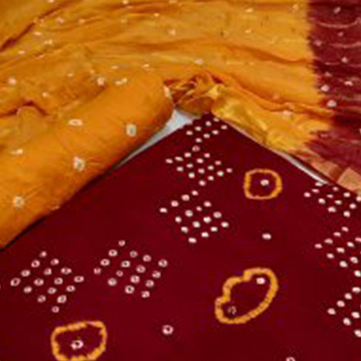 Red Bandhani Printed Pure Cotton Dress Material - Peachmode