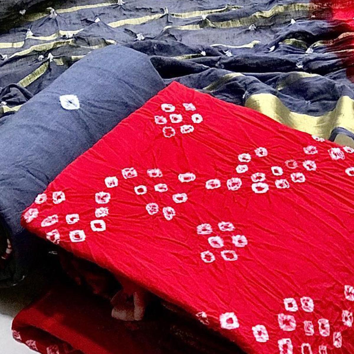 Red Bandhani Printed Pure Cotton Dress Material - Peachmode