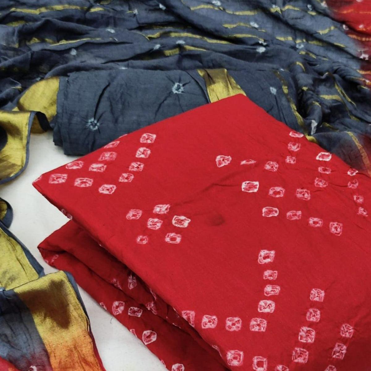 Red Bandhani Printed Pure Cotton Dress Material - Peachmode