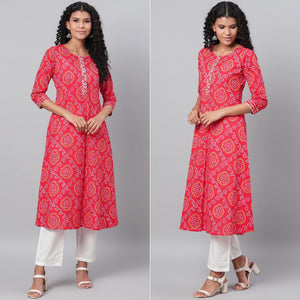 Red Bandhani Printed Pure Cotton Kurti Pant Set - Peachmode