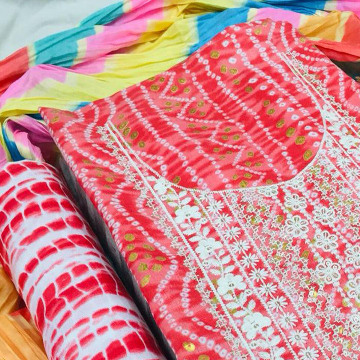 Red Bandhani Printed With Embellished Cotton Blend Dress Material - Peachmode