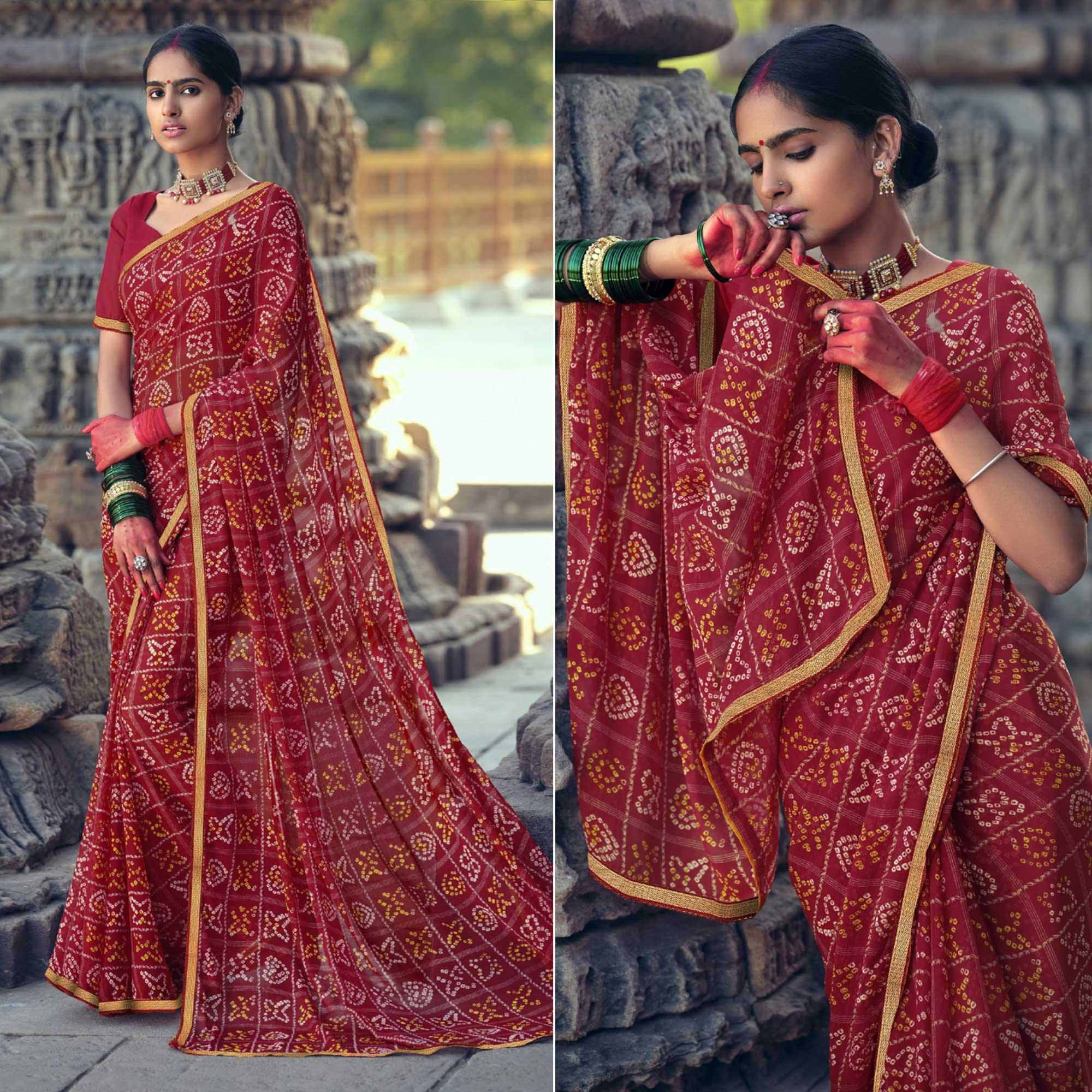 Red Bandhani Printed With Fancy Border Chiffon Saree - Peachmode