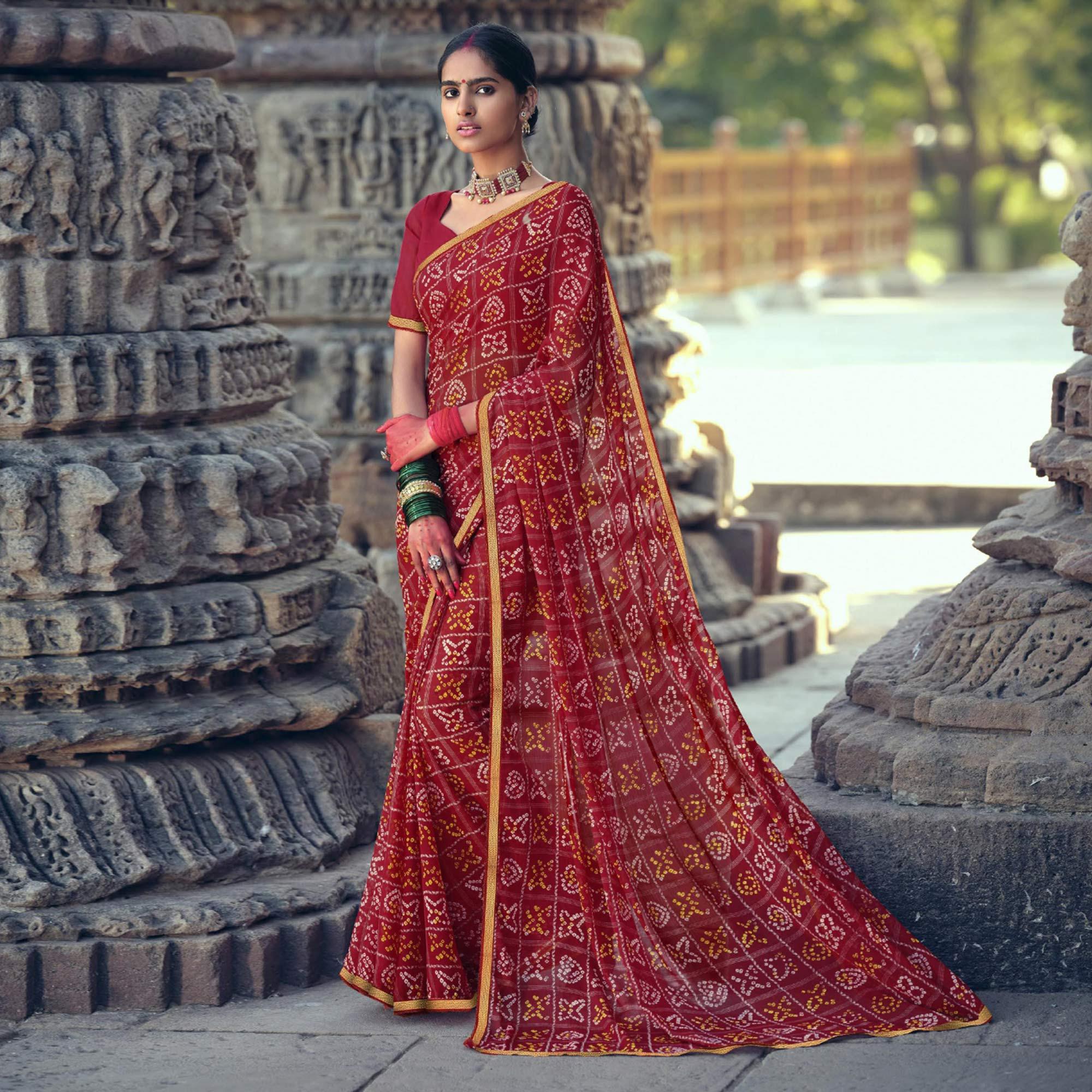 Red Bandhani Printed With Fancy Border Chiffon Saree - Peachmode