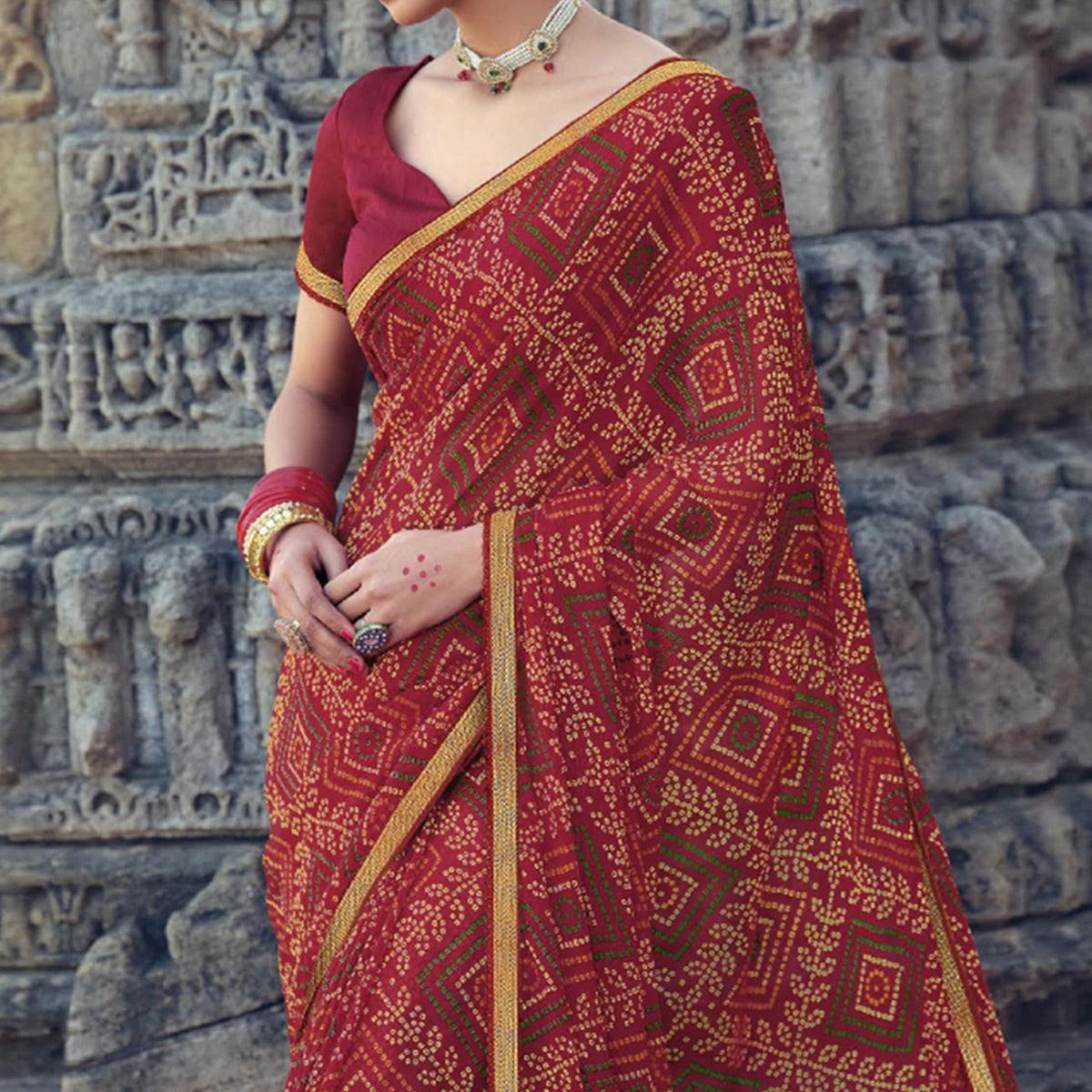 Red Bandhani Printed With Fancy Border Chiffon Saree - Peachmode