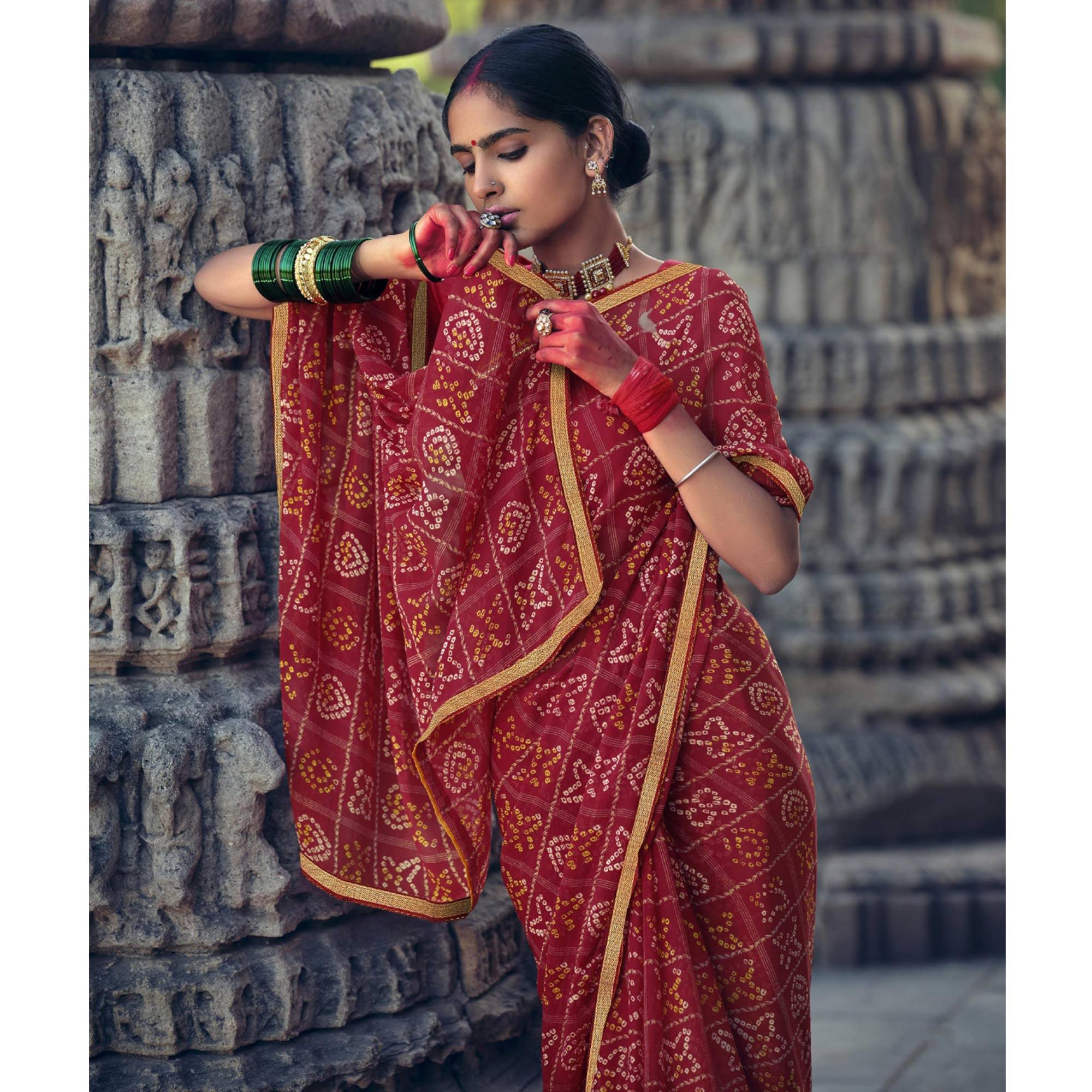 Red Bandhani Printed With Fancy Border Chiffon Saree - Peachmode