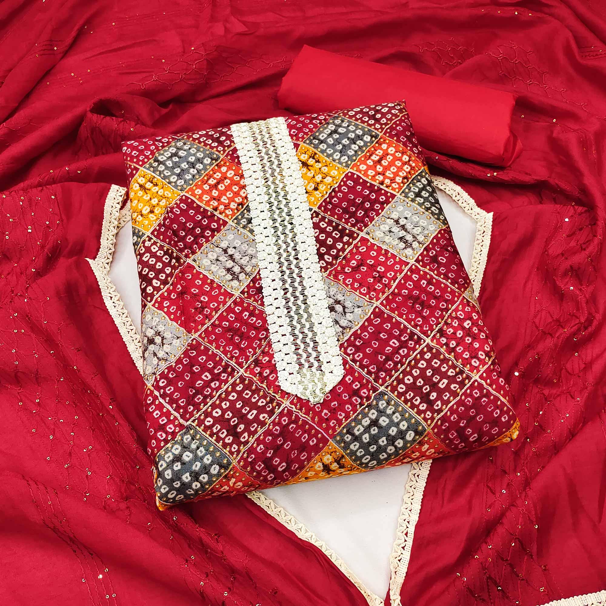 Red Bandhani Printed With Sequence Work Pure Cotton Dress Material - Peachmode