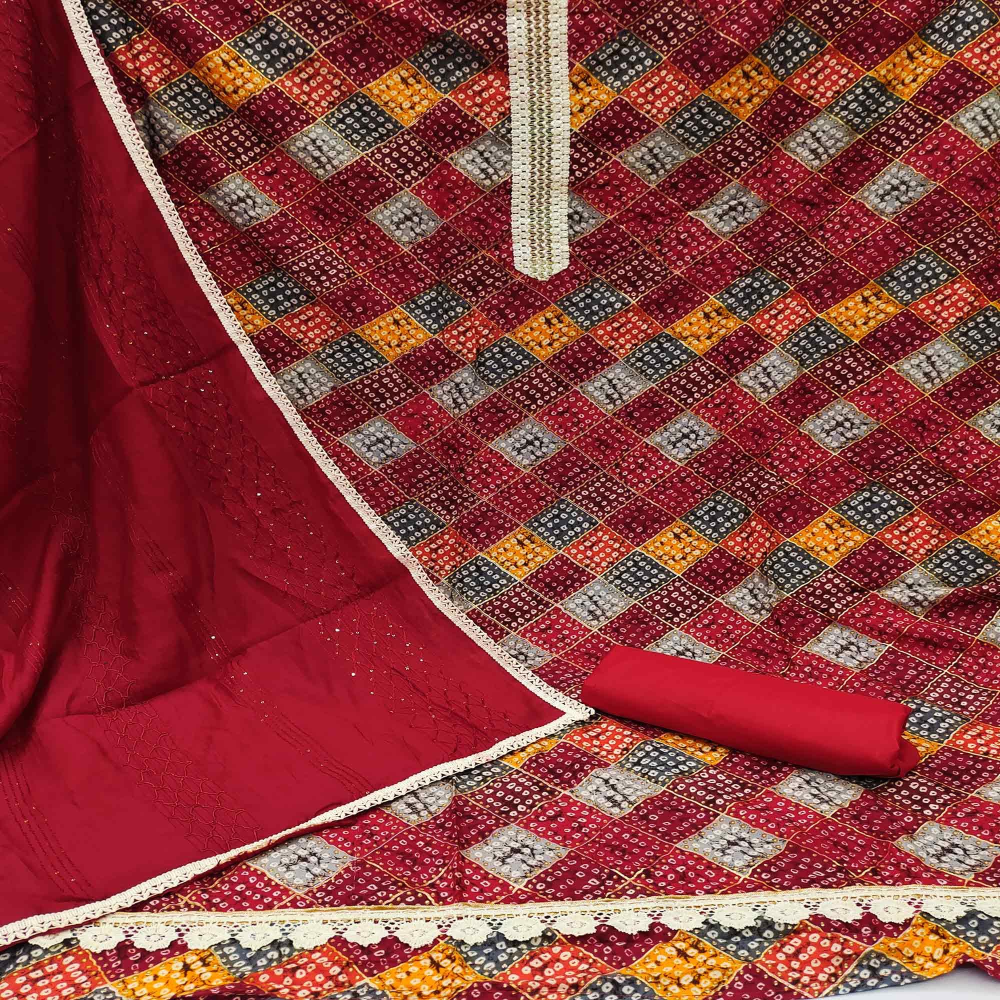 Red Bandhani Printed With Sequence Work Pure Cotton Dress Material - Peachmode