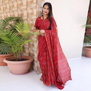 Red Bandhani Printed With Woven Border Tapetta Silk Saree - Peachmode