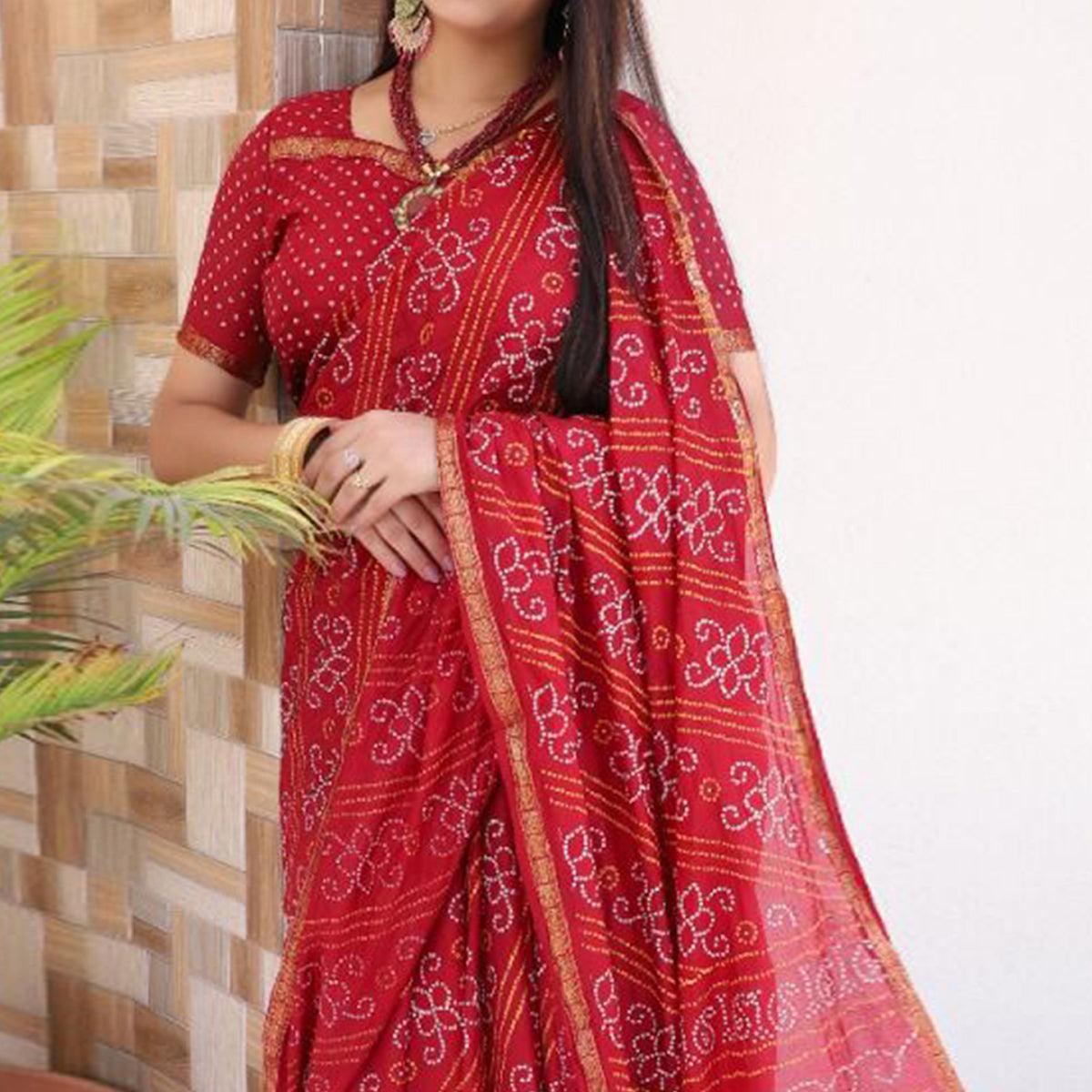 Red Bandhani Printed With Woven Border Tapetta Silk Saree - Peachmode