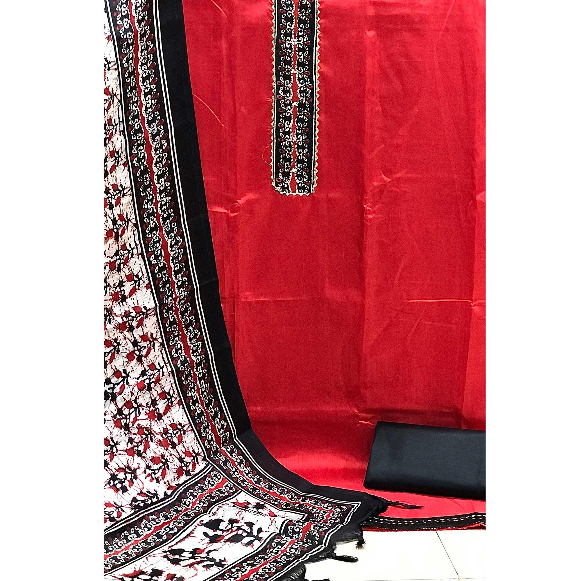 Red Batik Printed Art Silk Dress Material - Peachmode