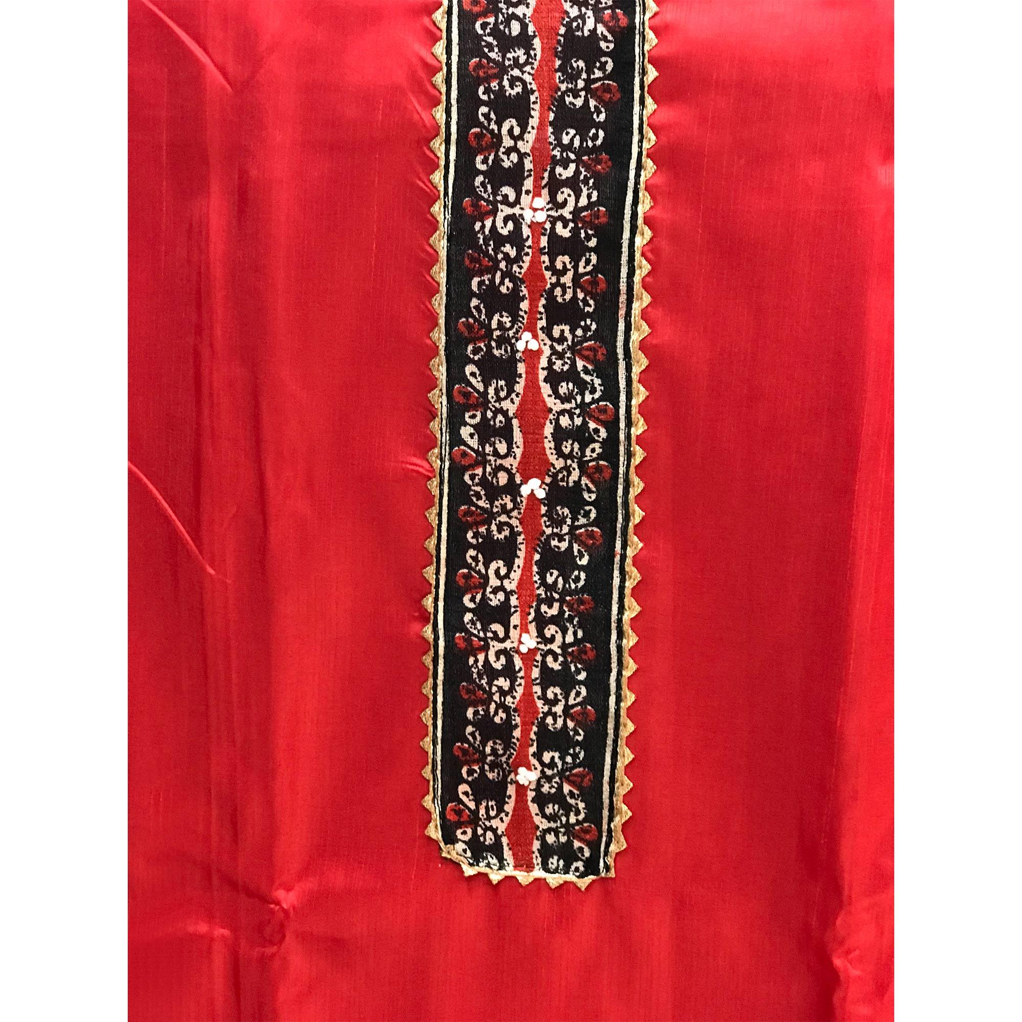 Red Batik Printed Art Silk Dress Material - Peachmode