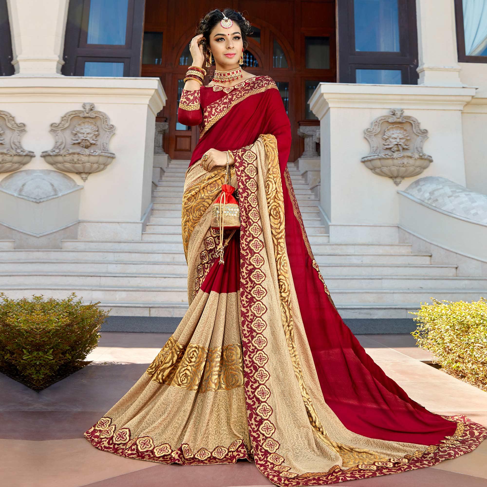 Red - Beige Partywear Woven Imported Fabric Saree - Peachmode