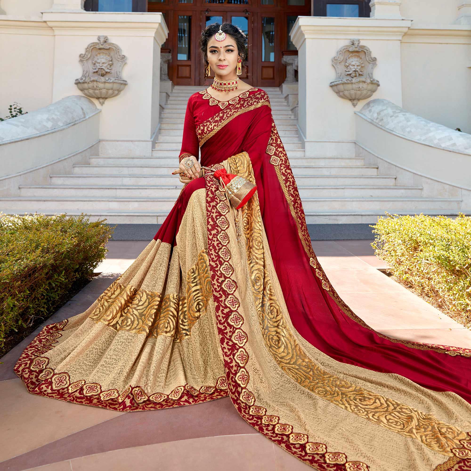Red - Beige Partywear Woven Imported Fabric Saree - Peachmode