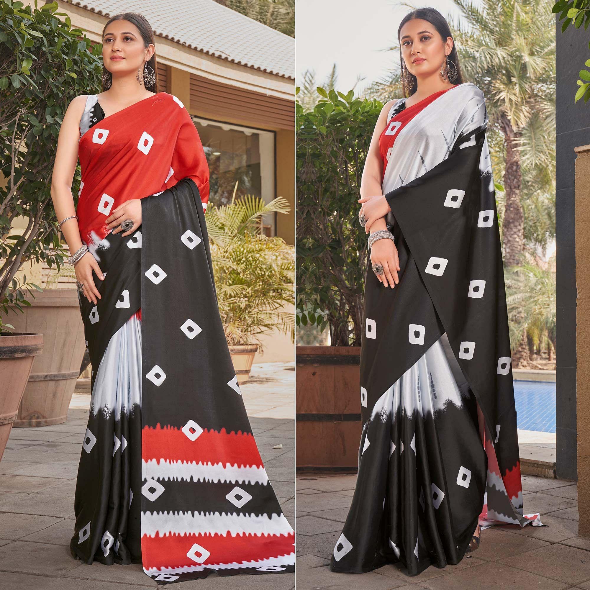 Red-Black Casual Wear Printed Satin Silk Saree - Peachmode
