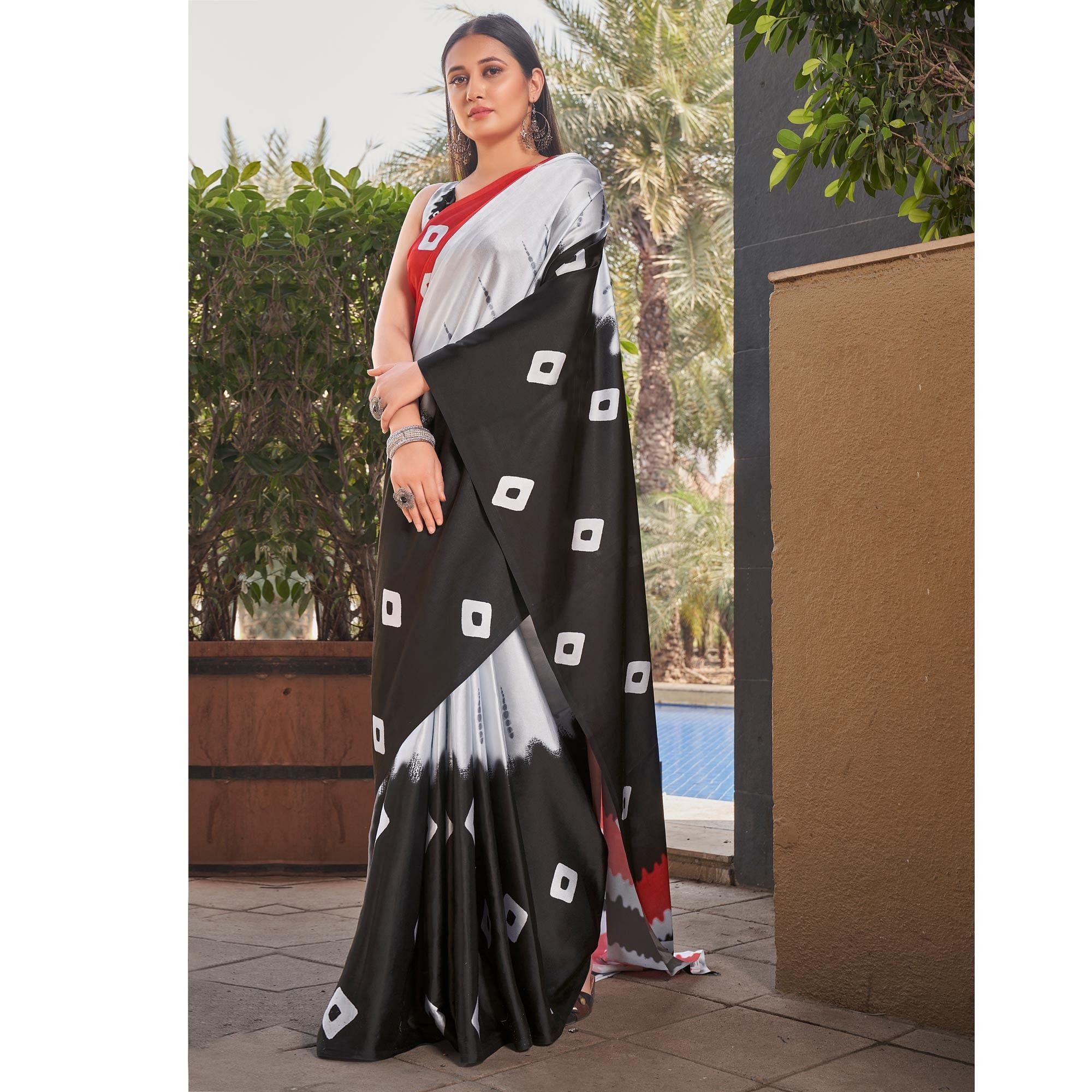 Red-Black Casual Wear Printed Satin Silk Saree - Peachmode