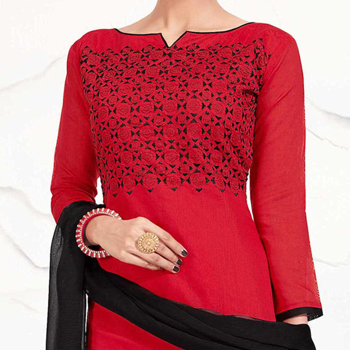 Red - Black Embroidered Chanderi Dress Material - Peachmode