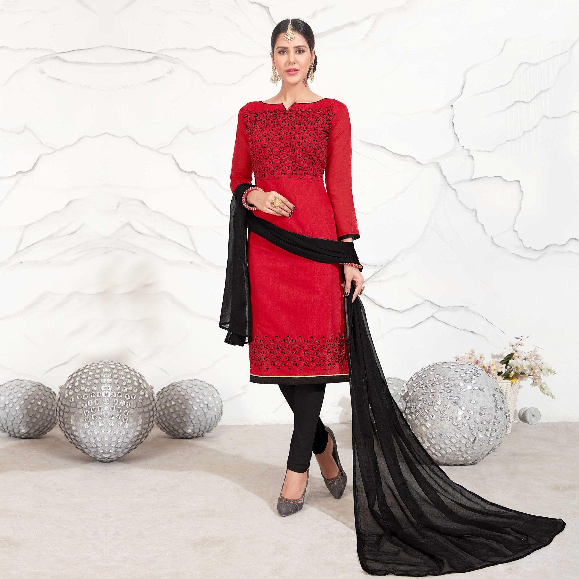 Red - Black Embroidered Chanderi Dress Material - Peachmode