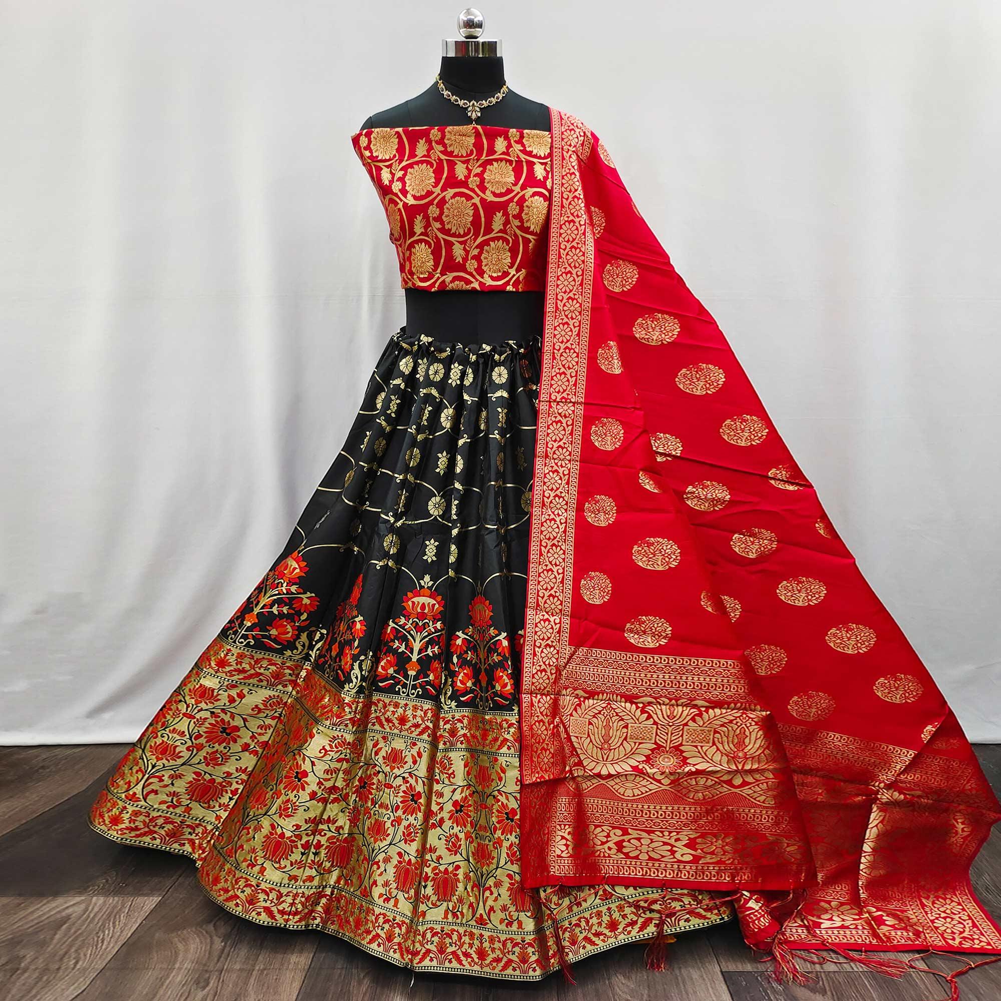 Red - Black Festive Wear Woven Jacquard Lehenga Choli - Peachmode
