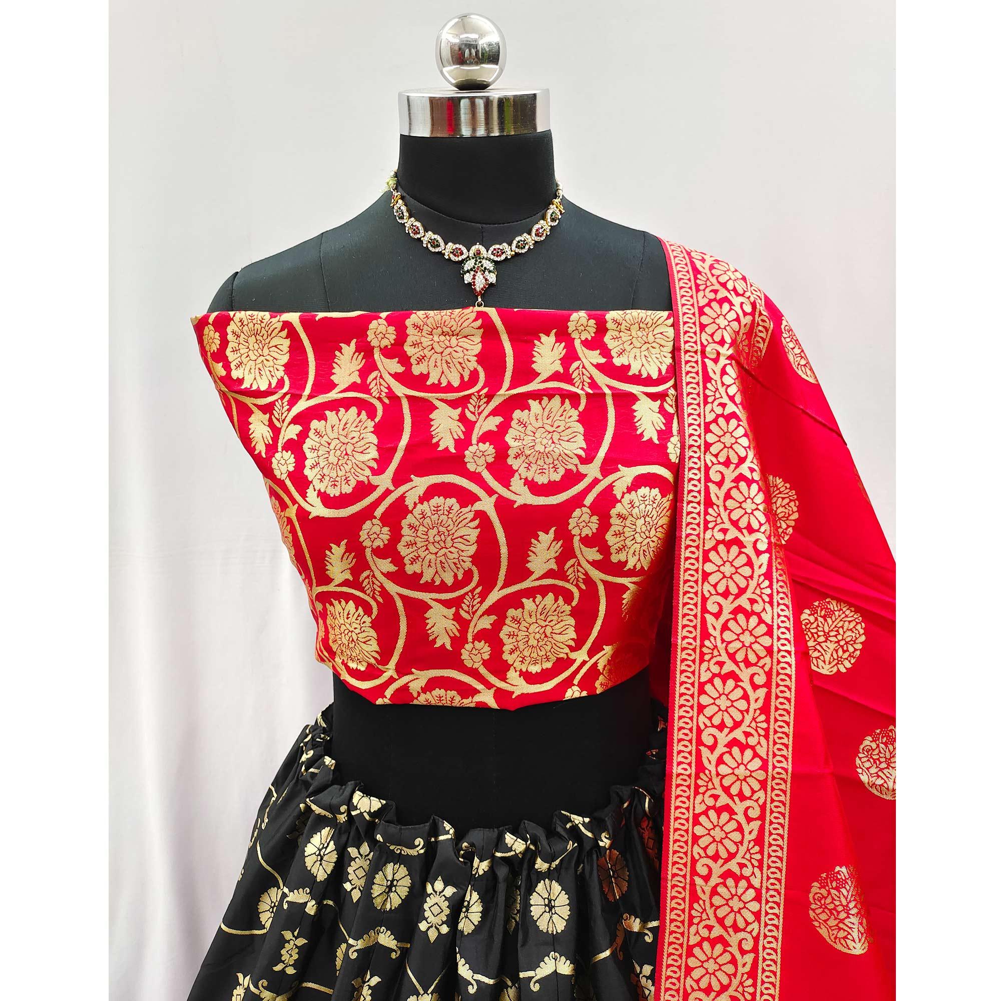 Red - Black Festive Wear Woven Jacquard Lehenga Choli - Peachmode