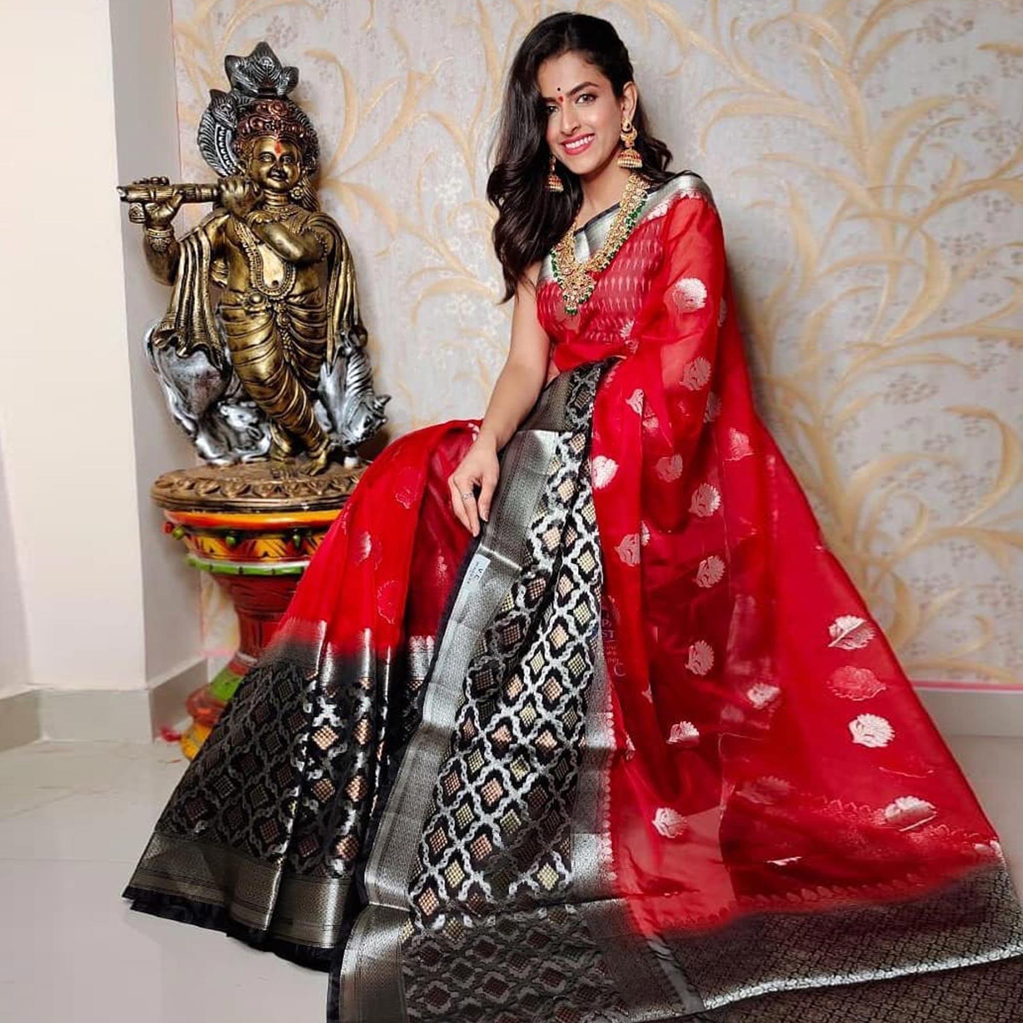 Red-Black Festive Wear Woven Pure Organza Banarasi Saree - Peachmode