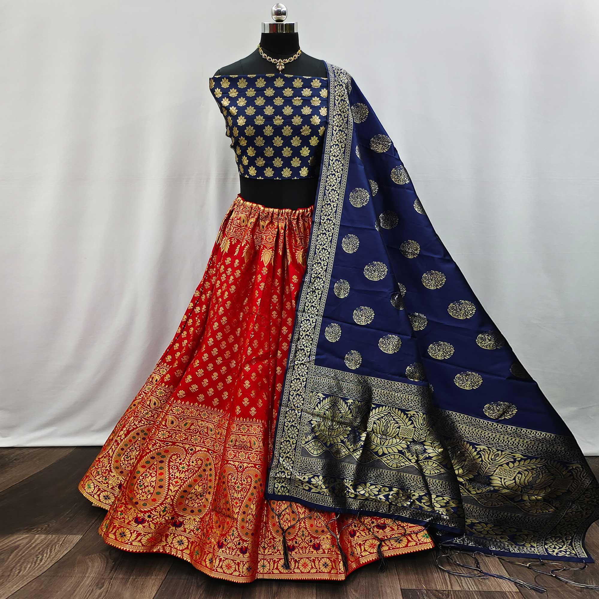 Red-Blue Festive Wear Woven Jacquard Lehenga Choli - Peachmode