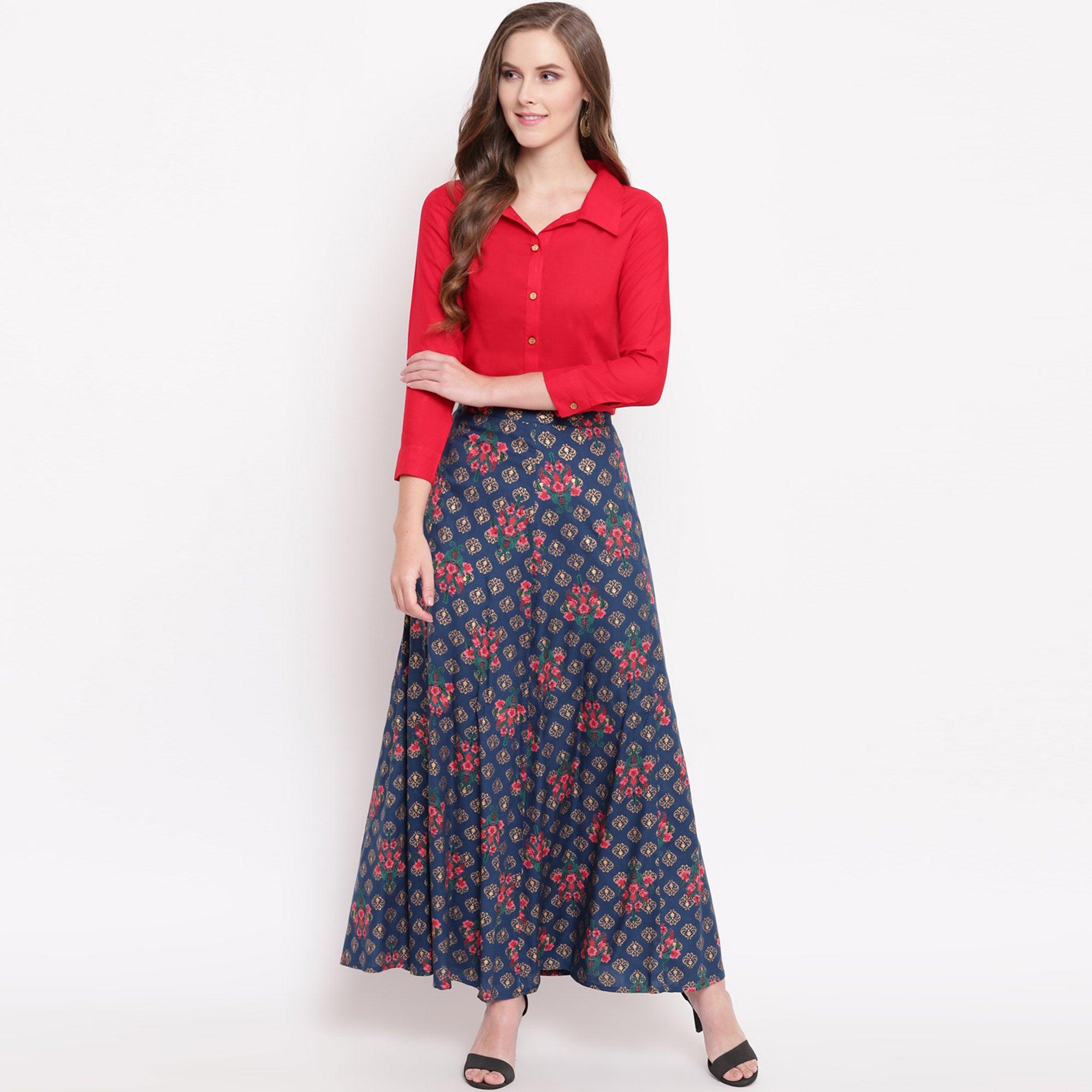 Red-Blue Floral Printed Rayon Shirt-Skirt Set - Peachmode