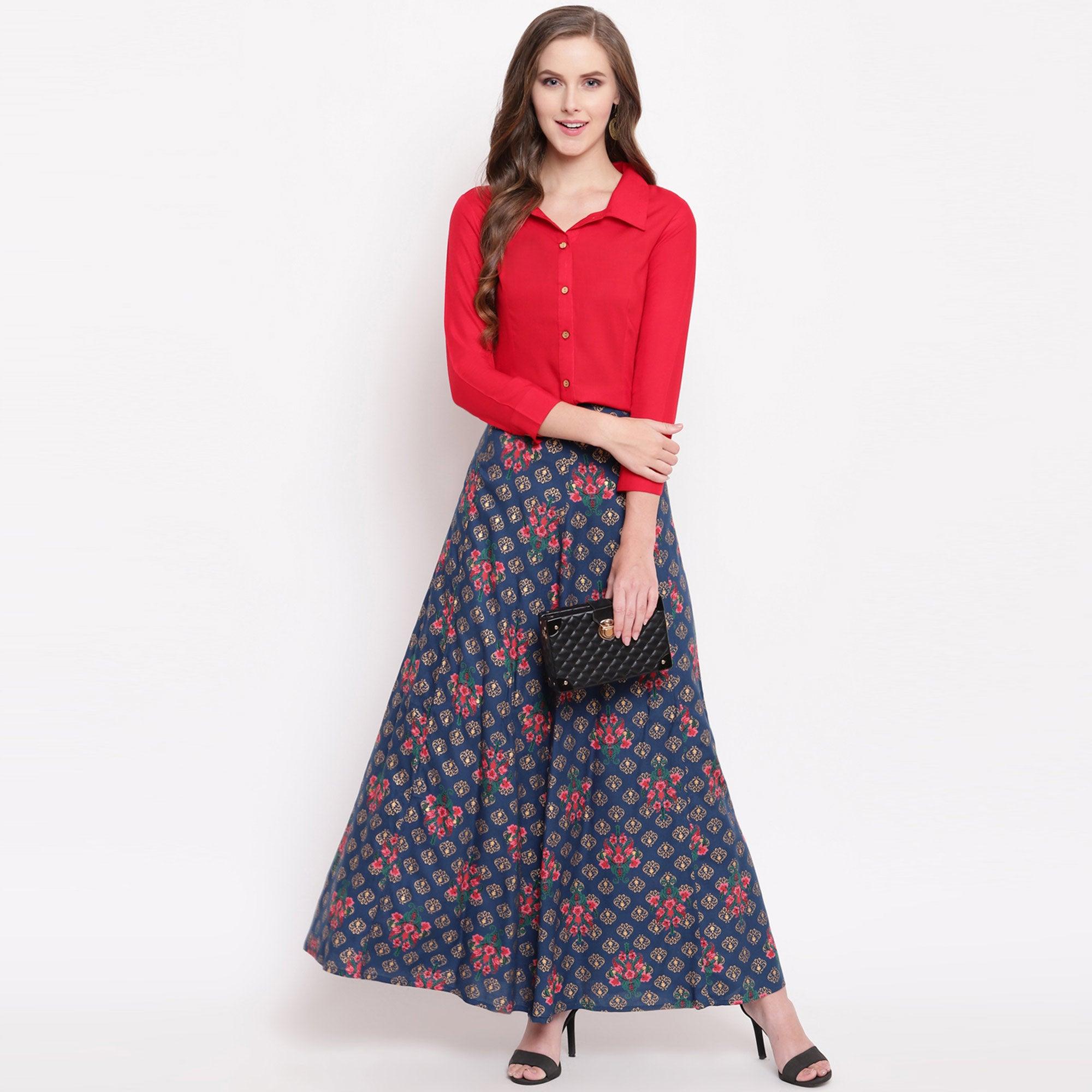 Red-Blue Floral Printed Rayon Shirt-Skirt Set - Peachmode