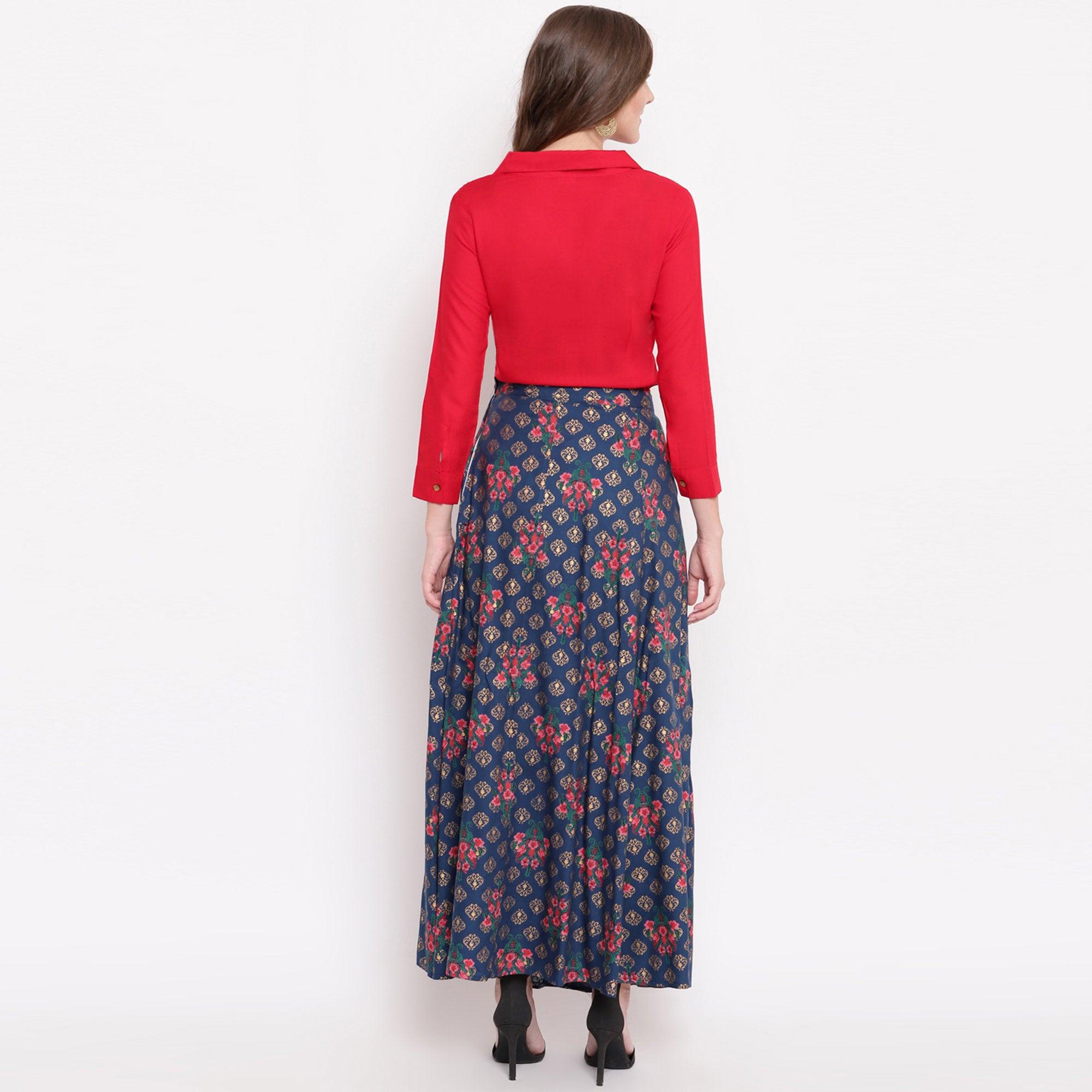 Red-Blue Floral Printed Rayon Shirt-Skirt Set - Peachmode