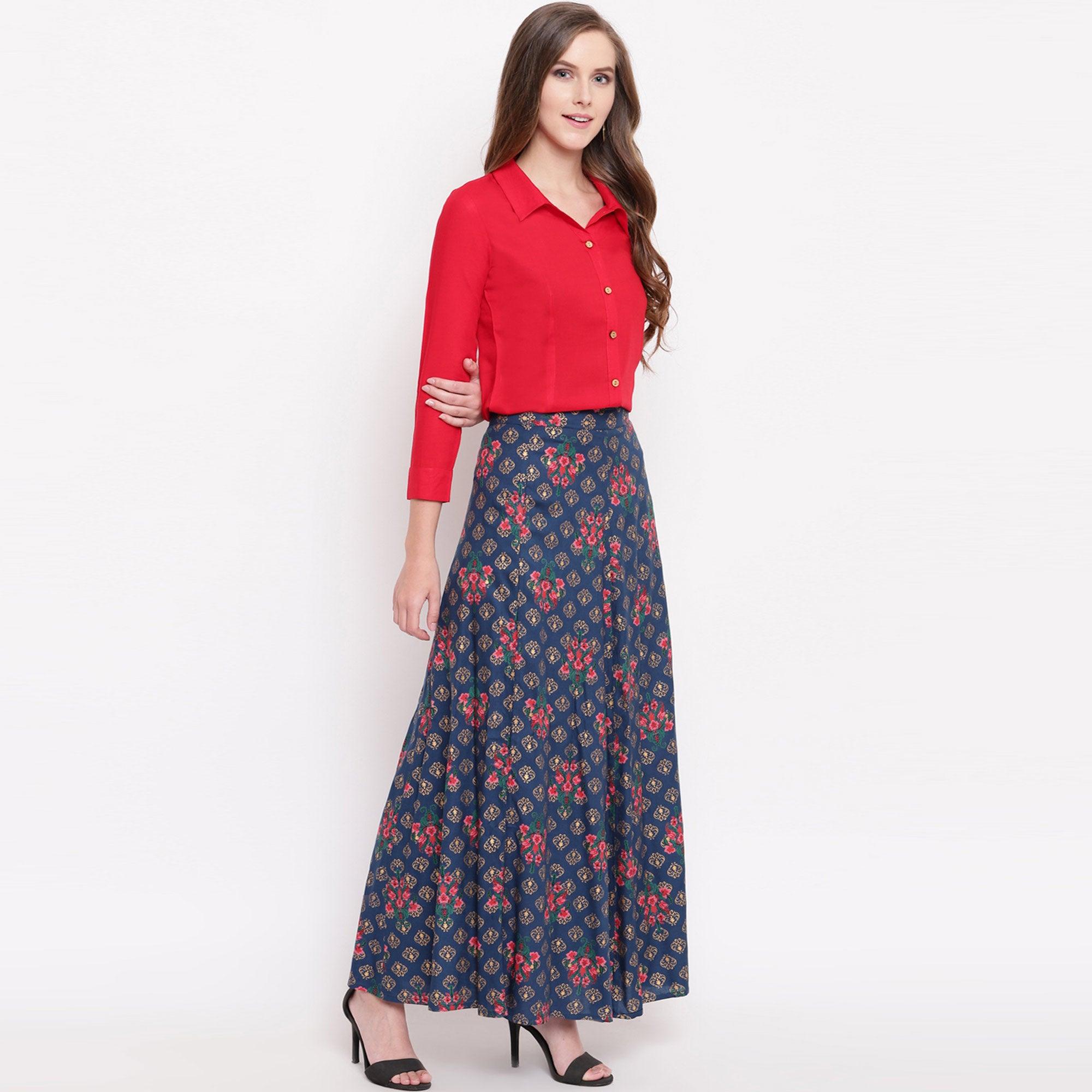 Red-Blue Floral Printed Rayon Shirt-Skirt Set - Peachmode